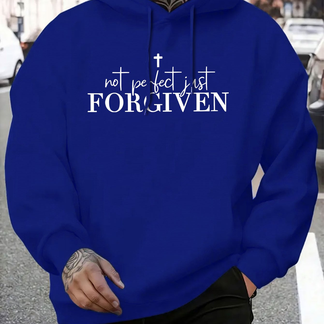 Men's Grey Christian Faith Hooded Sweatshirt with "Not Perfect FORGIVEN" Cross Print - Casual Sporty Pullover, Front Pocket & Adjustable Hood, Spring/Fall Winter Warm Sweater (Machine Washable) Religious Apparel, Hoodies For