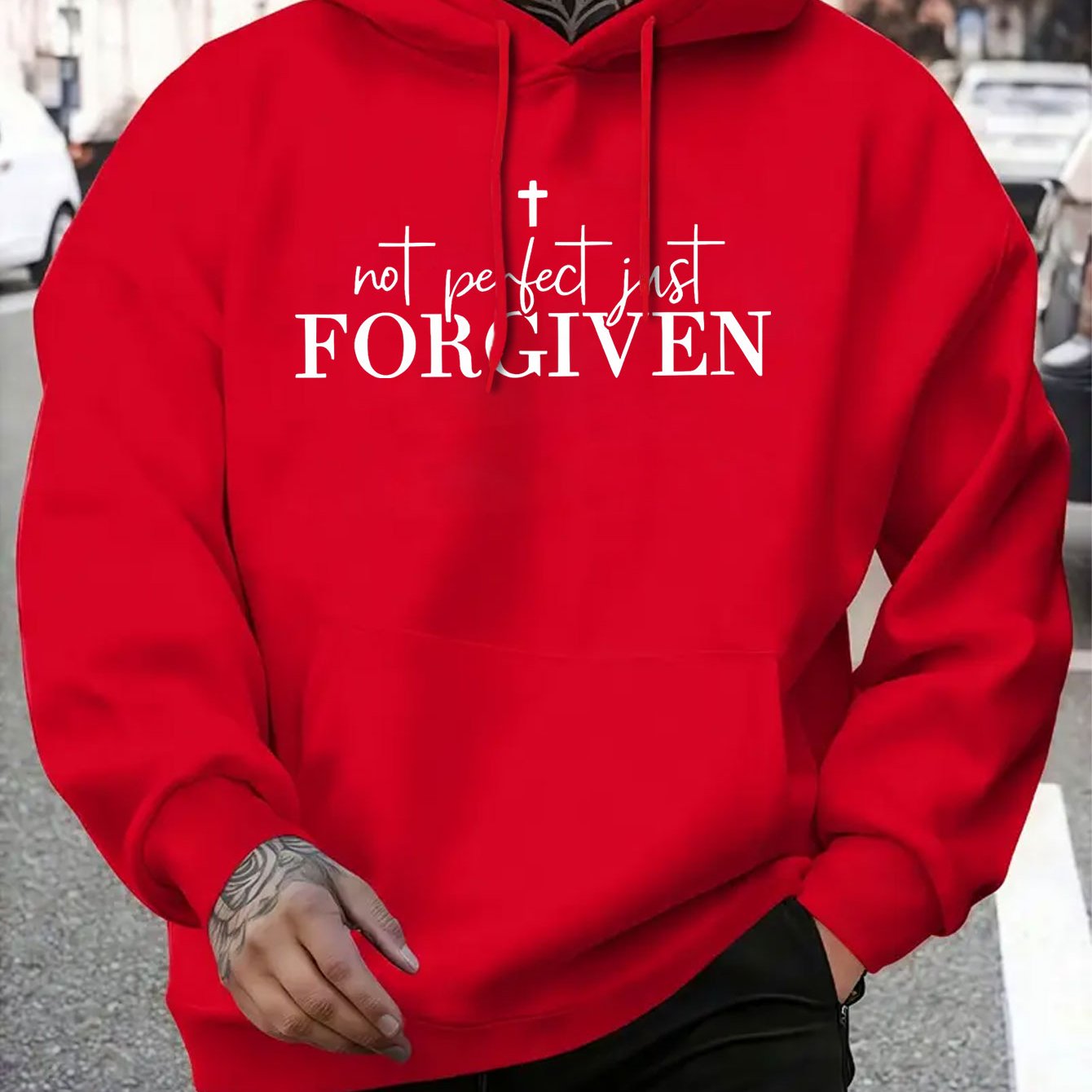 Men's Grey Christian Faith Hooded Sweatshirt with "Not Perfect FORGIVEN" Cross Print - Casual Sporty Pullover, Front Pocket & Adjustable Hood, Spring/Fall Winter Warm Sweater (Machine Washable) Religious Apparel, Hoodies For