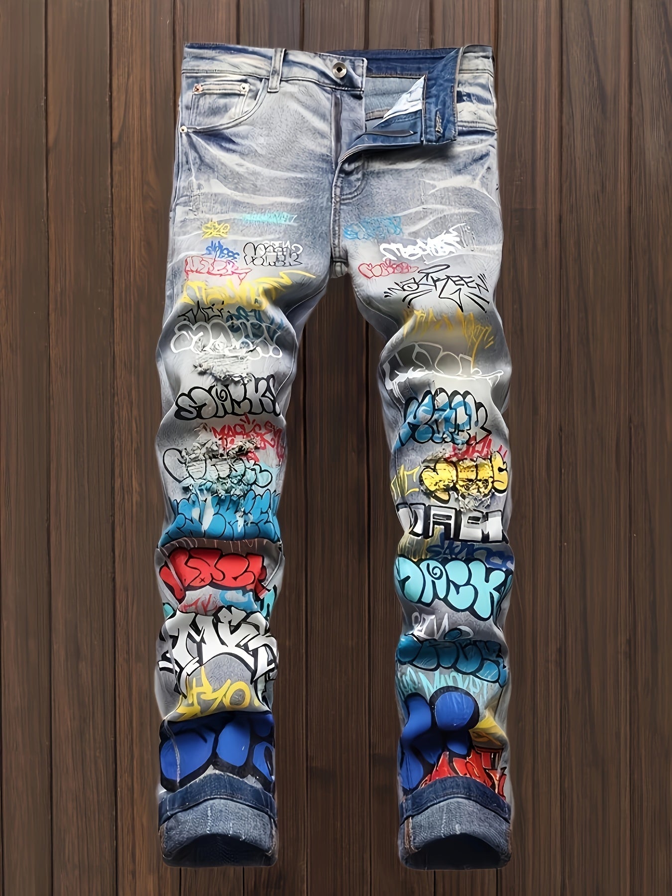Straight-Leg Wide-Leg Stretch All-Season Streetwear Y2K Vintage Wash Graffiti Distressed Washed And Distressed Faux Denim Men Faux Denim, Designer Faux Denim For Men, Fashion Mens Clothing, Graphic Faux Denim