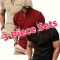 3pcs Men's Slim-Fit Golf & Tennis Shirts - Breathable Stretchy Short Sleeve, Contrast Collar & Collars, All-Season Non-Sheer Sportswear (Olive/Oatmeal/Navy) - Multi-Color Pack for Golf, Tennis & Casual, Mens Shirts, Mens Clot