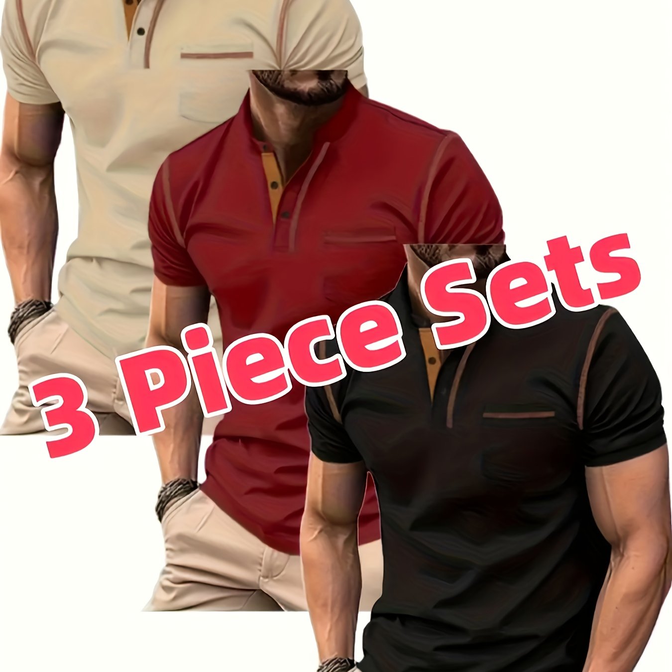 3pcs Men's Slim-Fit Golf & Tennis Shirts - Breathable Stretchy Short Sleeve, Contrast Collar & Collars, All-Season Non-Sheer Sportswear (Olive/Oatmeal/Navy) - Multi-Color Pack for Golf, Tennis & Casual, Mens Shirts, Mens Clot