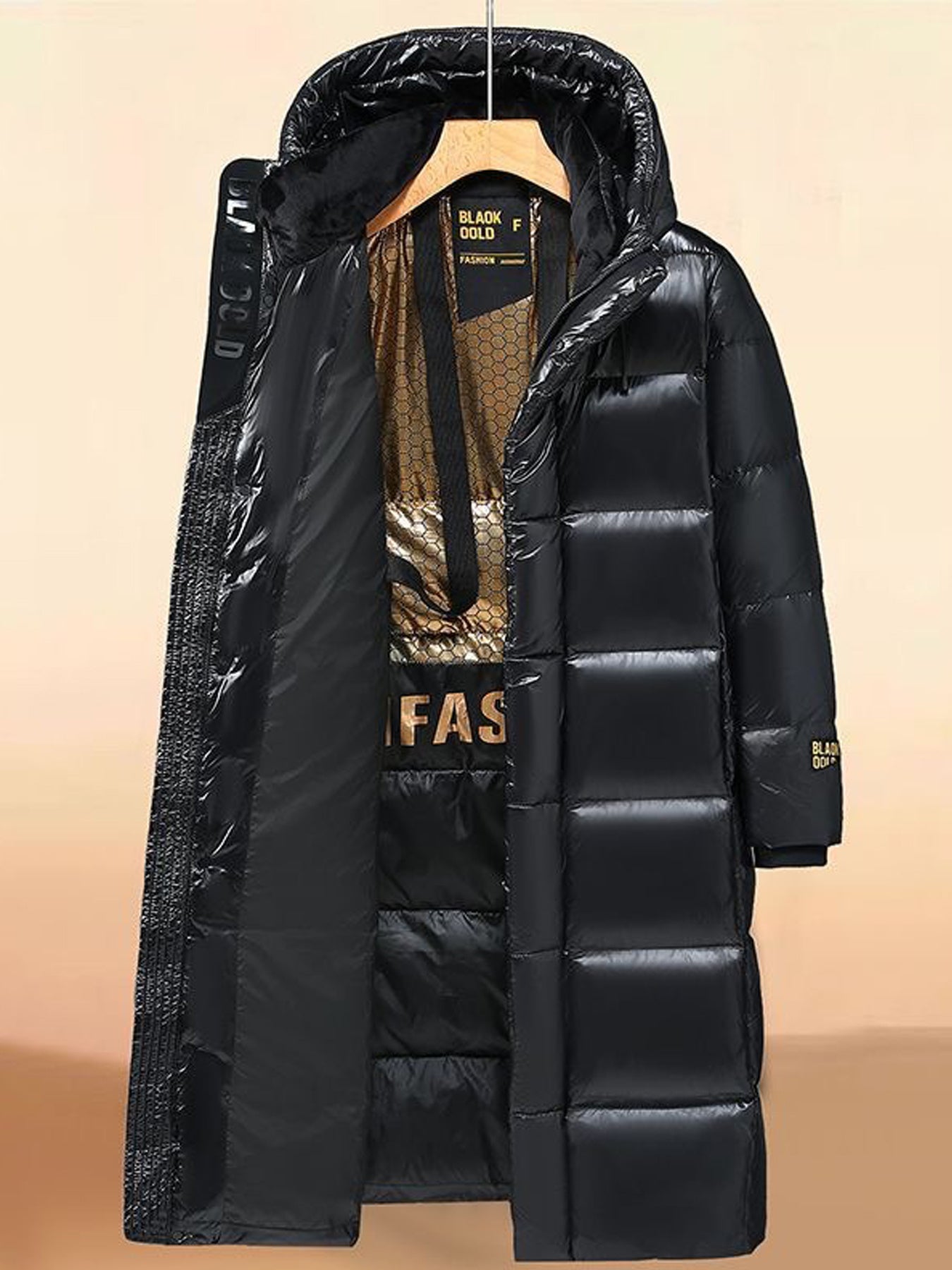 Men'S Heavyweight Winter Jacket with Hood - Thickened Insulated Long Coat, Full-Zip Closure, White Duck Filling, Solid Black & Golden Accent, Korean Style Casual Outerwear for Men & Teens, Cold Weather Warmth, Durable Shell,