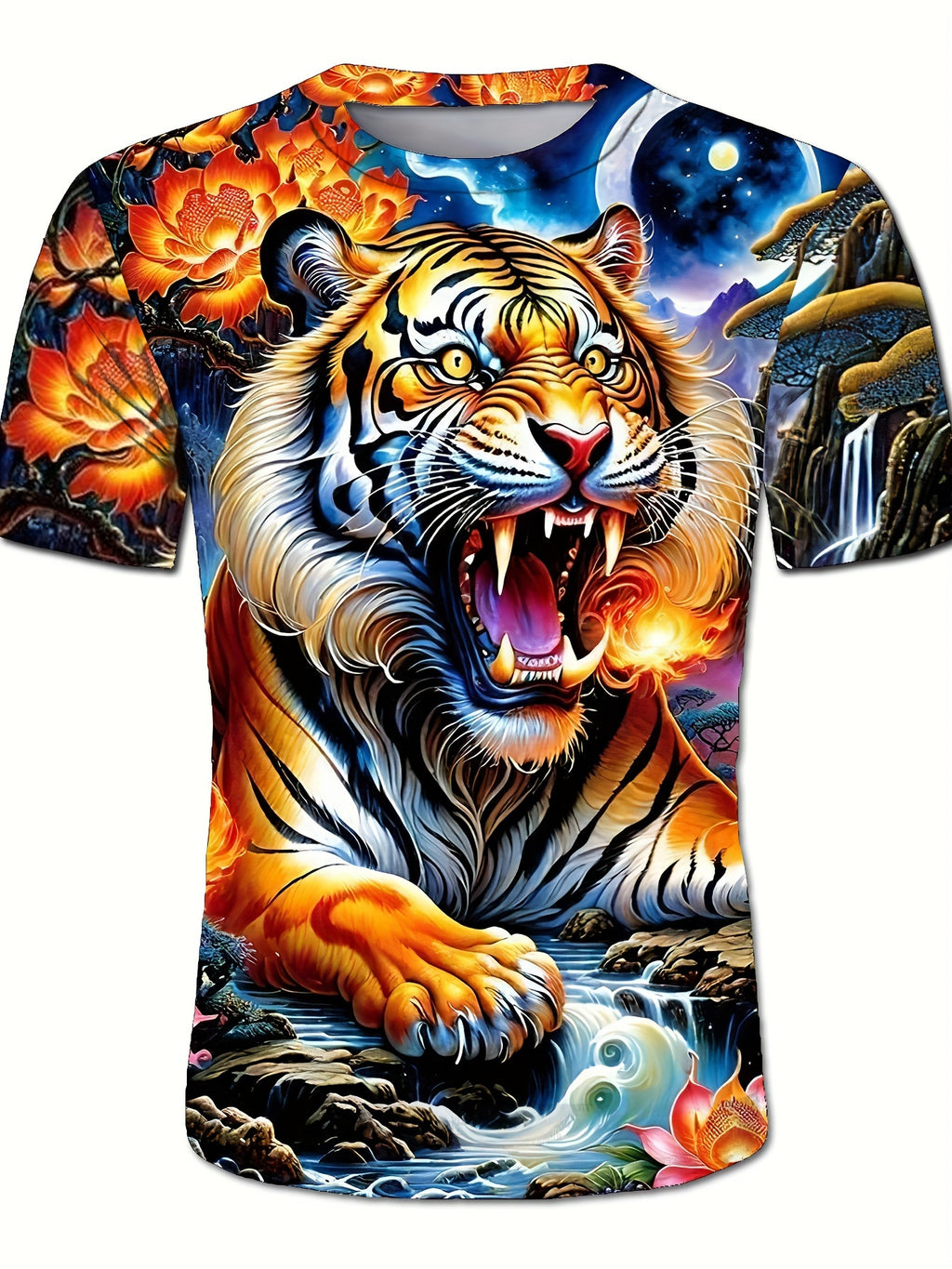 Mens Tiger Print T-Shirt - Lightweight & Breathable Casual Tee with Crew Neck - Perfect for Outdoor Adventures, All-Day Comfort - Short Sleeve, Stylish Mens Clothing