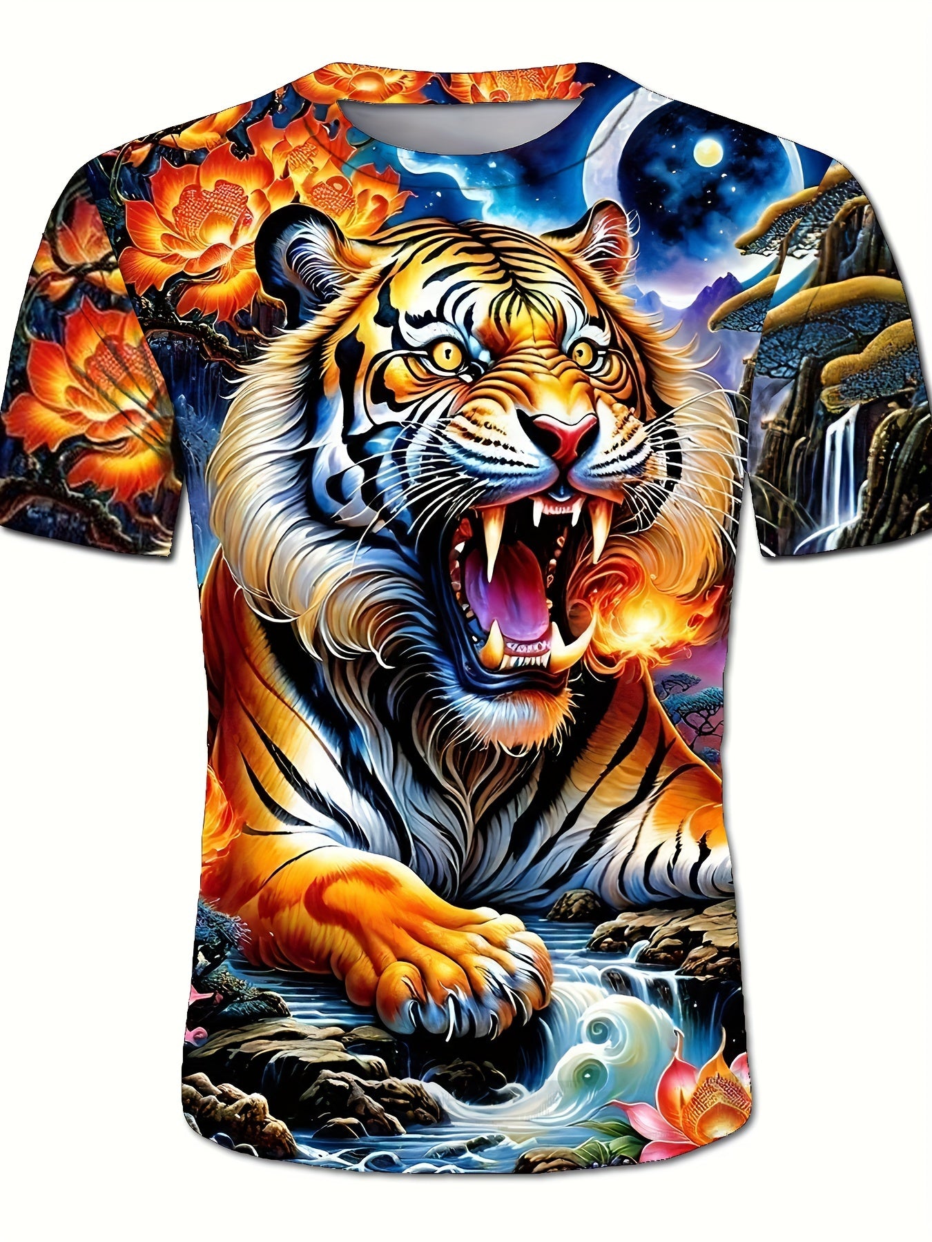 Mens Tiger Print T-Shirt - Lightweight & Breathable Casual Tee with Crew Neck - Perfect for Outdoor Adventures, All-Day Comfort - Short Sleeve, Stylish Mens Clothing