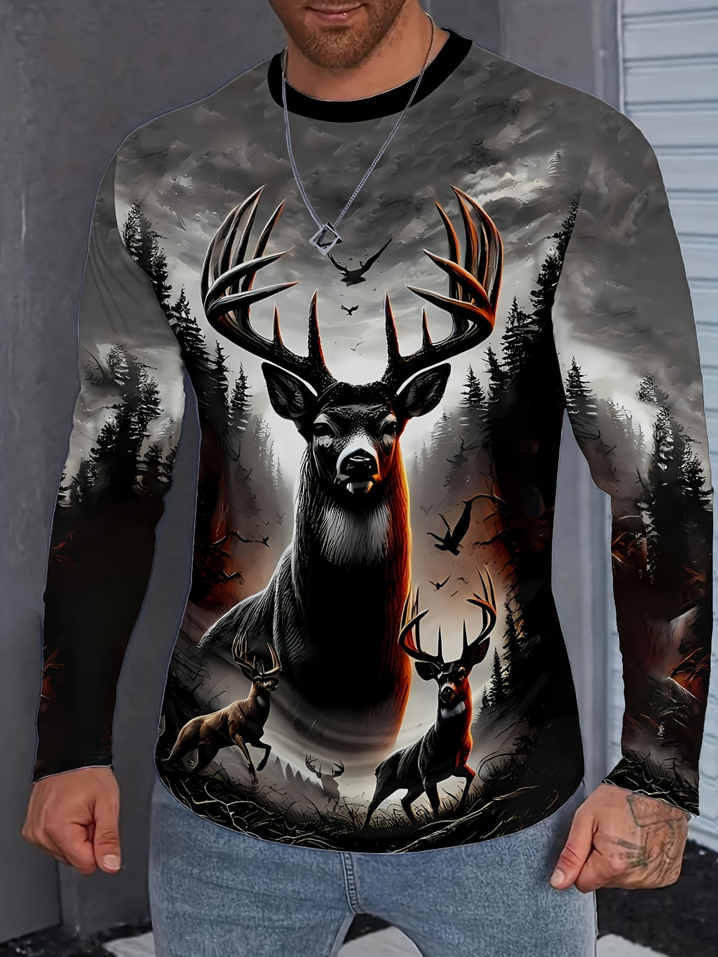 Men's Long Sleeve Shirt - Deer Hunting Graphic Print with Stag - Dark to Light Gray Ombre - Machine Washable Casual Top for Everyday & Formal Outfits - All-Season Mens Clothing, Outdoor Apparel, Bold Artwork, Quality Stitchin