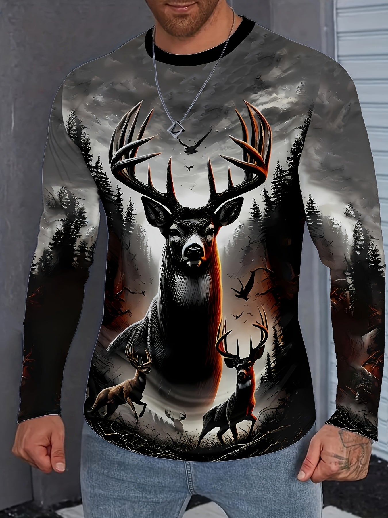 Men's Long Sleeve Shirt - Deer Hunting Graphic Print with Stag - Dark to Light Gray Ombre - Machine Washable Casual Top for Everyday & Formal Outfits - All-Season Mens Clothing, Outdoor Apparel, Bold Artwork, Quality Stitchin