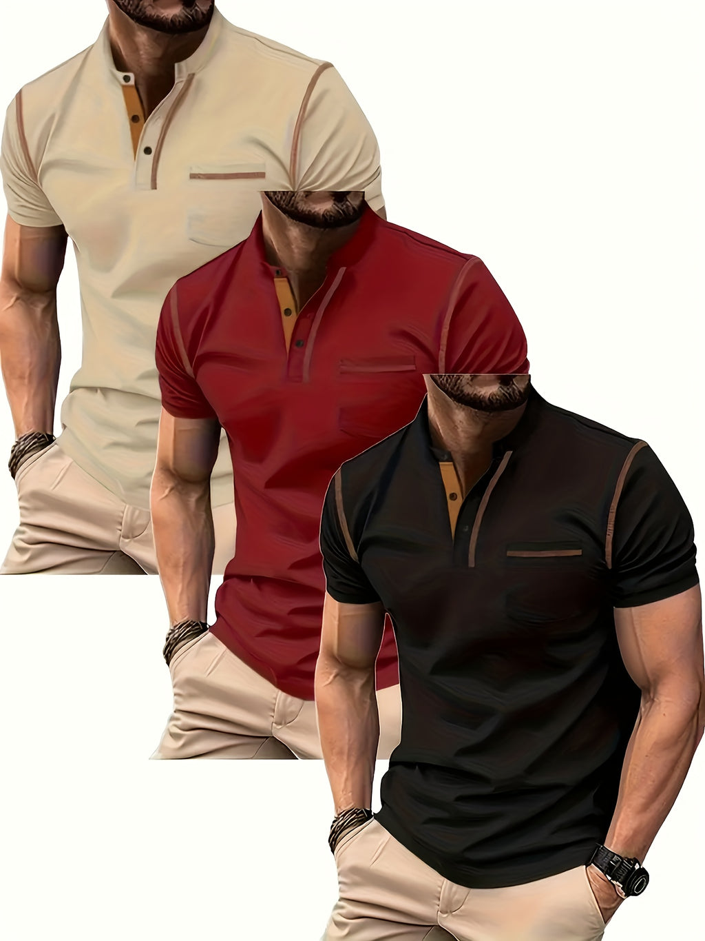 3pcs Men's Slim-Fit Golf & Tennis Shirts - Breathable Stretchy Short Sleeve, Contrast Collar & Collars, All-Season Non-Sheer Sportswear (Olive/Oatmeal/Navy) - Multi-Color Pack for Golf, Tennis & Casual, Mens Shirts, Mens Clot