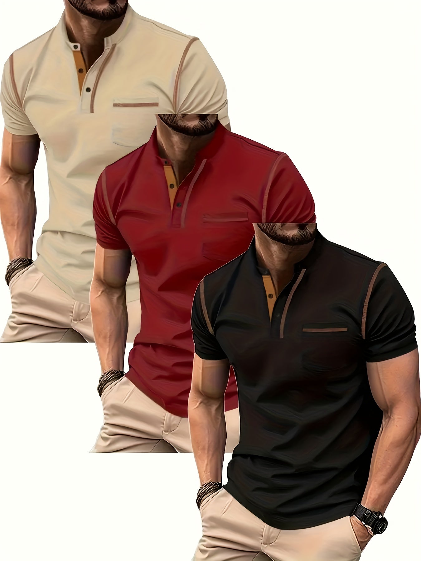 3pcs Men's Slim-Fit Golf & Tennis Shirts - Breathable Stretchy Short Sleeve, Contrast Collar & Collars, All-Season Non-Sheer Sportswear (Olive/Oatmeal/Navy) - Multi-Color Pack for Golf, Tennis & Casual, Mens Shirts, Mens Clot