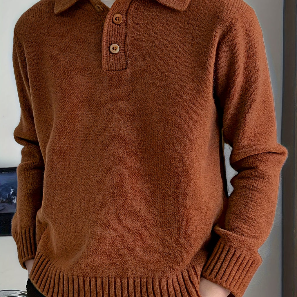Boys' Thickened Winter Sweater - Warm Knit Pullover with Collar & Button Front, Brown/Beige Striped Base Layer Sweater for School, Sports, Travel - Machine Washable Teen Boys' Cozy Sweatsuit (Regular Fit) - Christmas Gift, Wi