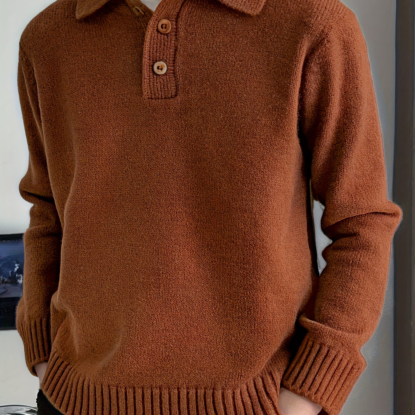 Boys' Thickened Winter Sweater - Warm Knit Pullover with Collar & Button Front, Brown/Beige Striped Base Layer Sweater for School, Sports, Travel - Machine Washable Teen Boys' Cozy Sweatsuit (Regular Fit) - Christmas Gift, Wi