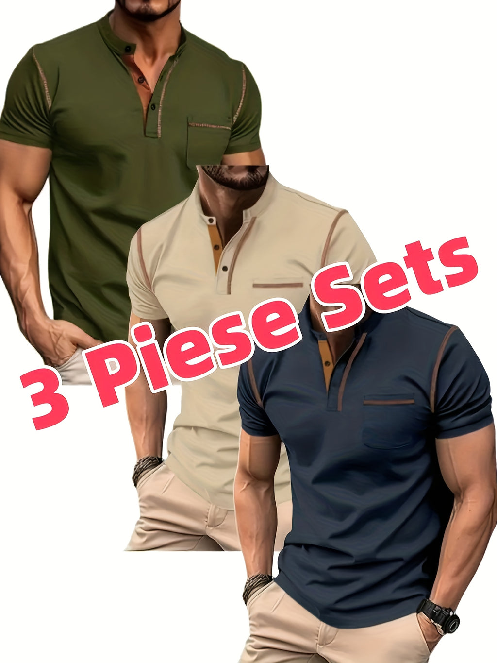 3pcs Men's Slim-Fit Golf & Tennis Shirts - Breathable Stretchy Short Sleeve, Contrast Collar & Collars, All-Season Non-Sheer Sportswear (Olive/Oatmeal/Navy) - Multi-Color Pack for Golf, Tennis & Casual, Mens Shirts, Mens Clot