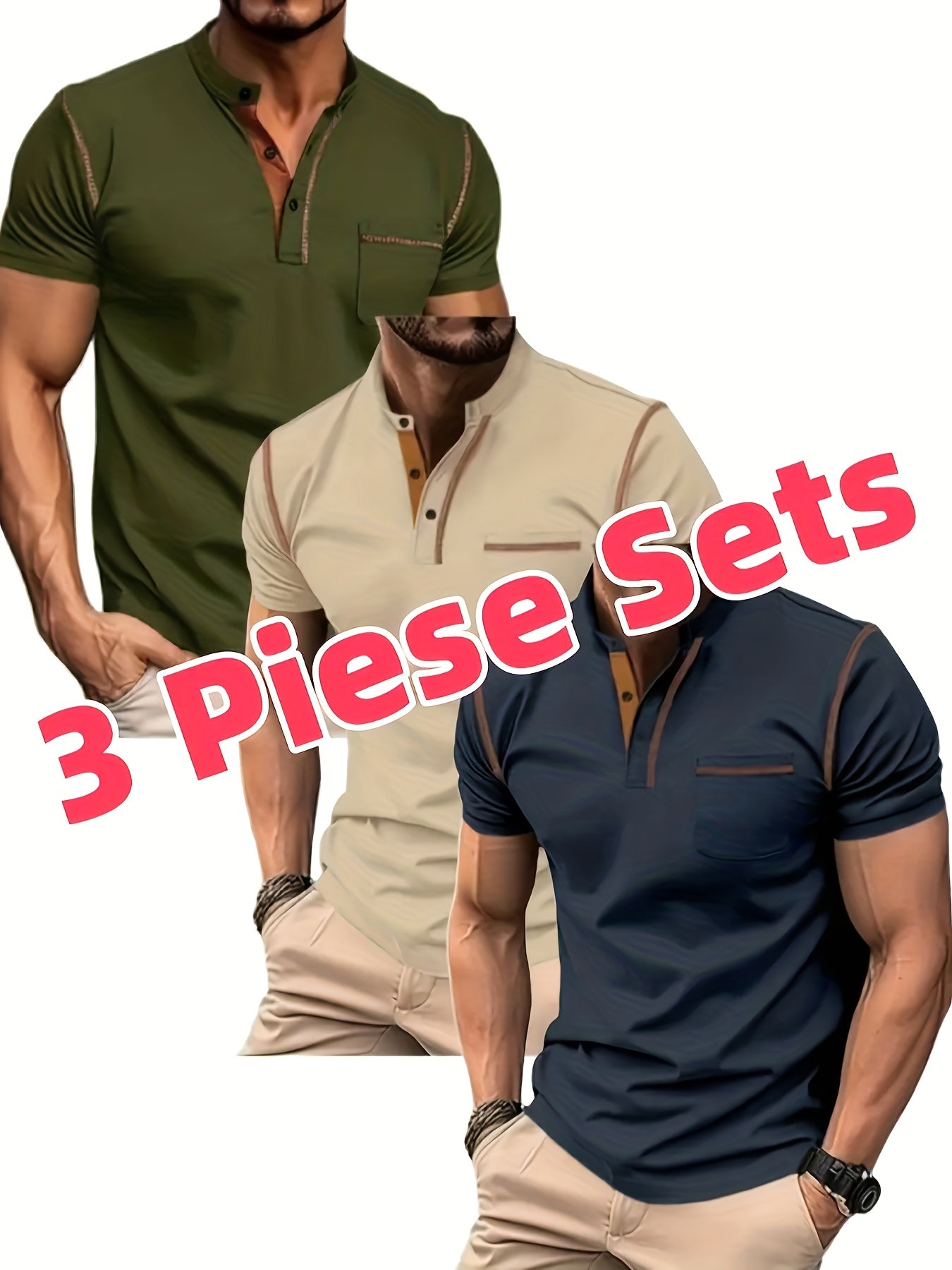 3pcs Men's Slim-Fit Golf & Tennis Shirts - Breathable Stretchy Short Sleeve, Contrast Collar & Collars, All-Season Non-Sheer Sportswear (Olive/Oatmeal/Navy) - Multi-Color Pack for Golf, Tennis & Casual, Mens Shirts, Mens Clot