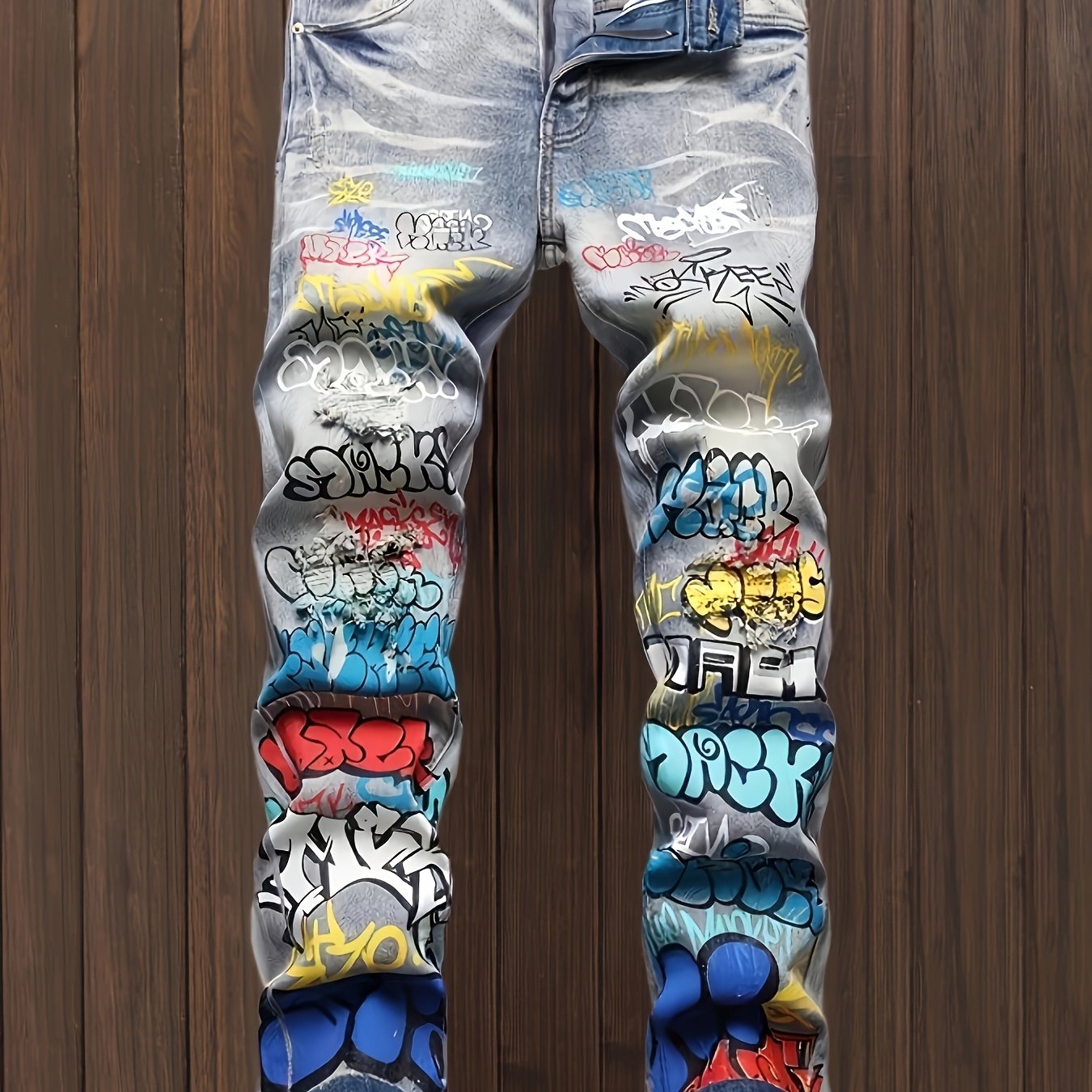 Straight-Leg Wide-Leg Stretch All-Season Streetwear Y2K Vintage Wash Graffiti Distressed Washed And Distressed Faux Denim Men Faux Denim, Designer Faux Denim For Men, Fashion Mens Clothing, Graphic Faux Denim