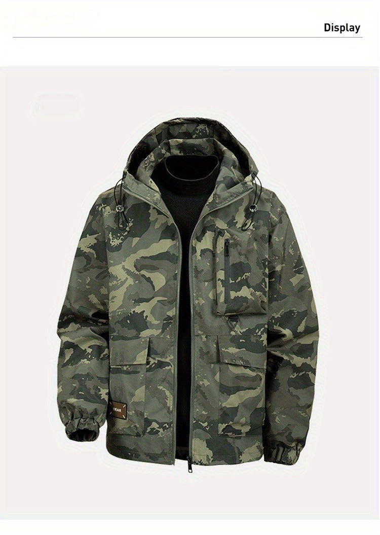 Men's Camouflage Hooded Jacket with Full-Zip Closure & Camo-Lining - Green/Brown/Tan Outdoor Coat, Machine-Washable Polyester for Hiking, Hunting, Army-Style Windbreaker, Hoodies For Men, Camouflage For Men, Camouflage Clothi