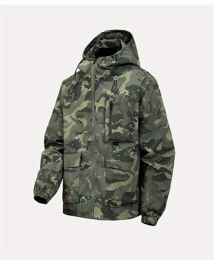 Men's Camouflage Hooded Jacket with Full-Zip Closure & Camo-Lining - Green/Brown/Tan Outdoor Coat, Machine-Washable Polyester for Hiking, Hunting, Army-Style Windbreaker, Hoodies For Men, Camouflage For Men, Camouflage Clothi