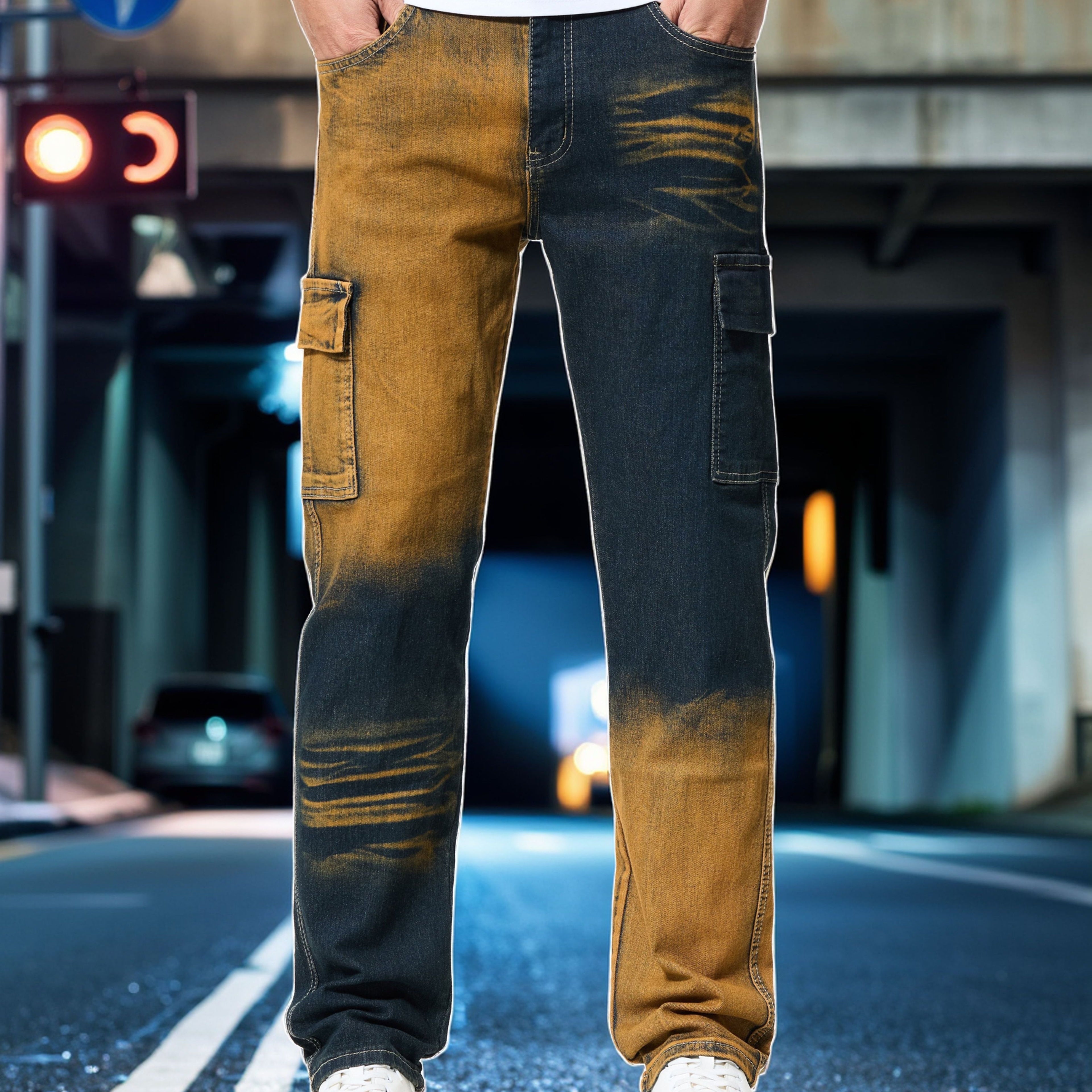 Men's Straight Cut Ripped Faux Denim - Fashionable Camouflage Street Fashion Designer Graphic Faux Denim Para Hombre - Fashion Mens Clothing