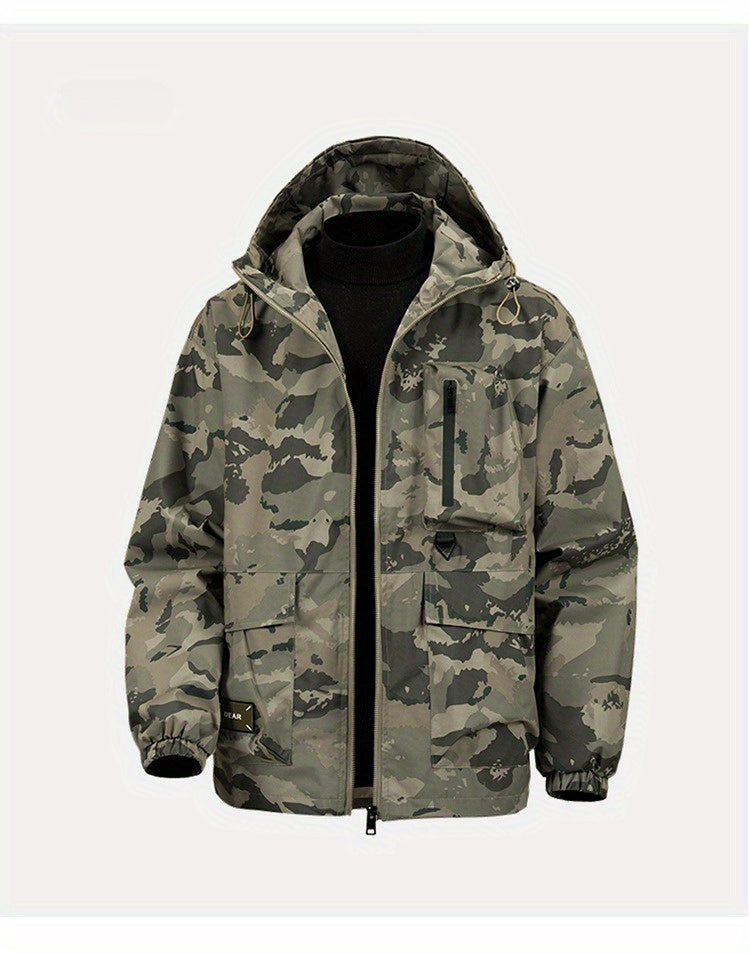 Men's Camouflage Hooded Jacket with Full-Zip Closure & Camo-Lining - Green/Brown/Tan Outdoor Coat, Machine-Washable Polyester for Hiking, Hunting, Army-Style Windbreaker, Hoodies For Men, Camouflage For Men, Camouflage Clothi