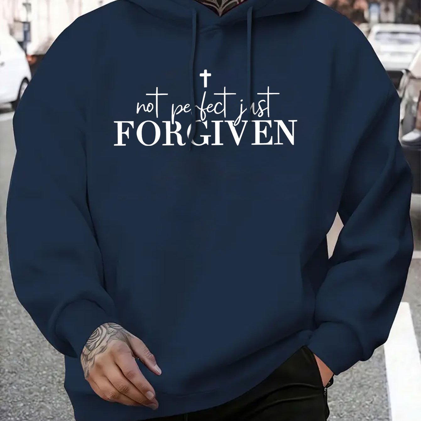 Men's Grey Christian Faith Hooded Sweatshirt with "Not Perfect FORGIVEN" Cross Print - Casual Sporty Pullover, Front Pocket & Adjustable Hood, Spring/Fall Winter Warm Sweater (Machine Washable) Religious Apparel, Hoodies For