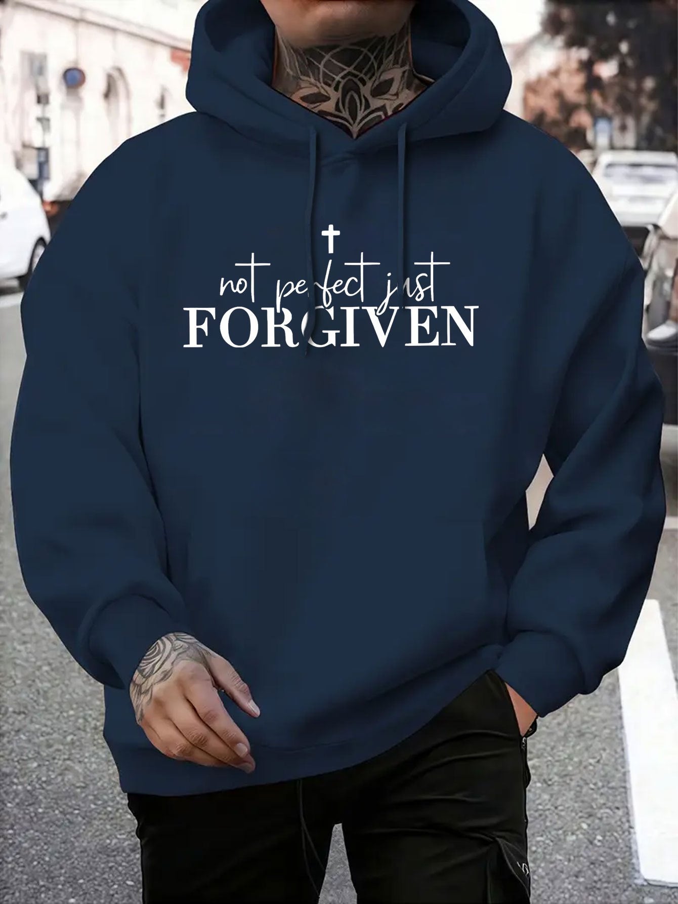 Men's Grey Christian Faith Hooded Sweatshirt with "Not Perfect FORGIVEN" Cross Print - Casual Sporty Pullover, Front Pocket & Adjustable Hood, Spring/Fall Winter Warm Sweater (Machine Washable) Religious Apparel, Hoodies For