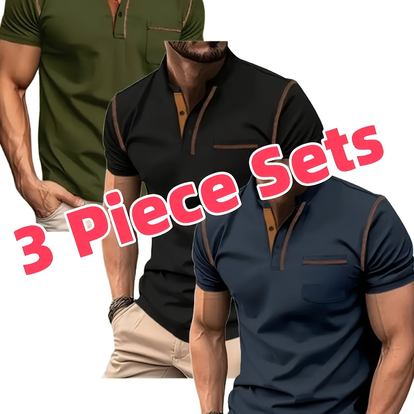3pcs Men's Slim-Fit Golf & Tennis Shirts - Breathable Stretchy Short Sleeve, Contrast Collar & Collars, All-Season Non-Sheer Sportswear (Olive/Oatmeal/Navy) - Multi-Color Pack for Golf, Tennis & Casual, Mens Shirts, Mens Clot