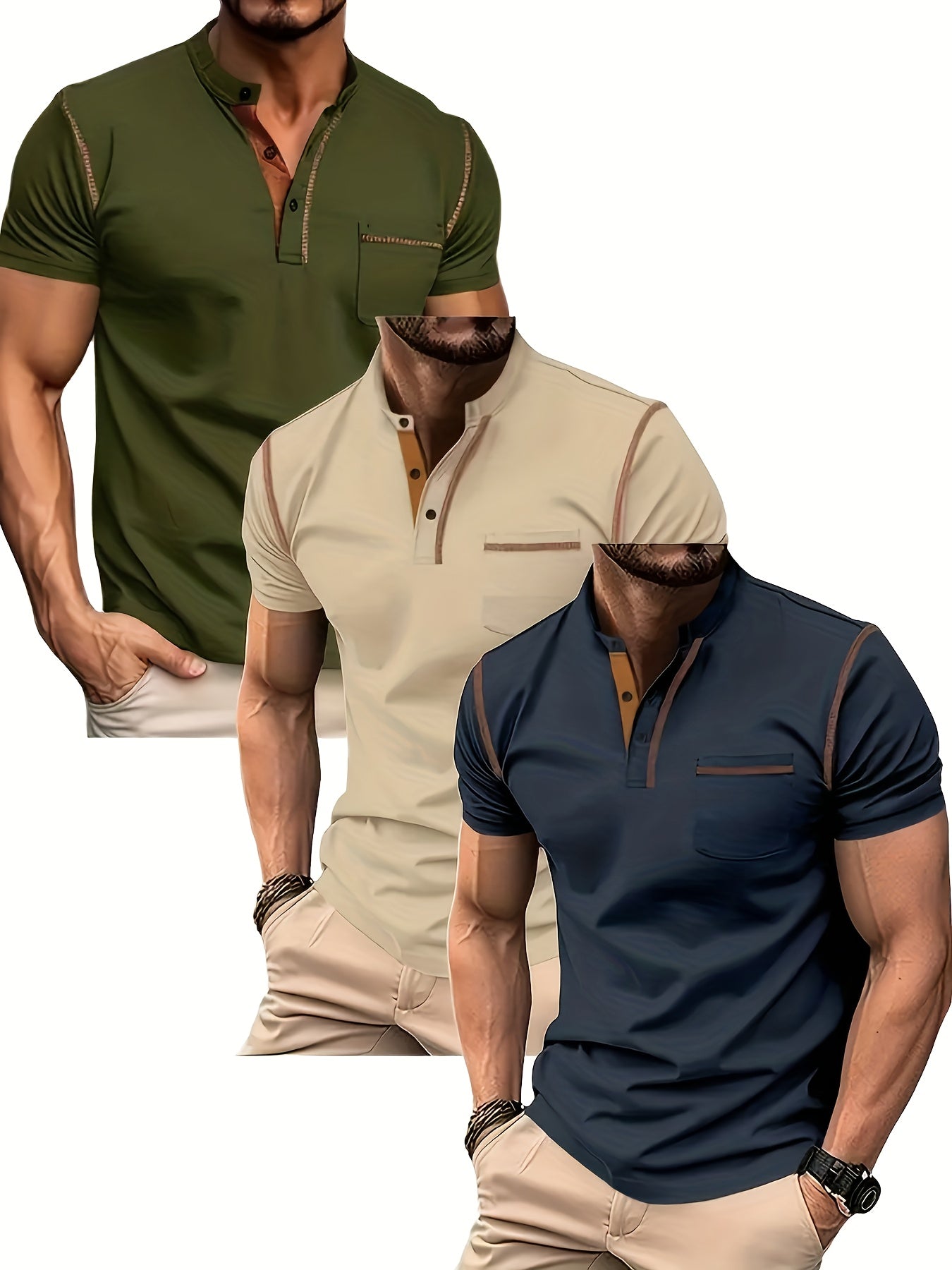 3pcs Men's Slim-Fit Golf & Tennis Shirts - Breathable Stretchy Short Sleeve, Contrast Collar & Collars, All-Season Non-Sheer Sportswear (Olive/Oatmeal/Navy) - Multi-Color Pack for Golf, Tennis & Casual, Mens Shirts, Mens Clot
