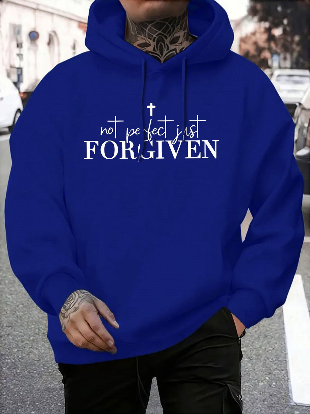 Men's Grey Christian Faith Hooded Sweatshirt with "Not Perfect FORGIVEN" Cross Print - Casual Sporty Pullover, Front Pocket & Adjustable Hood, Spring/Fall Winter Warm Sweater (Machine Washable) Religious Apparel, Hoodies For