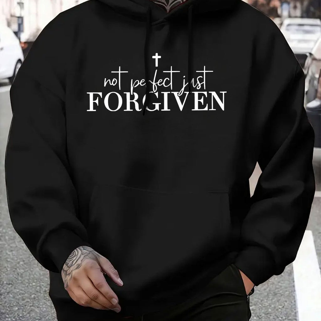 Men's Grey Christian Faith Hooded Sweatshirt with "Not Perfect FORGIVEN" Cross Print - Casual Sporty Pullover, Front Pocket & Adjustable Hood, Spring/Fall Winter Warm Sweater (Machine Washable) Religious Apparel, Hoodies For