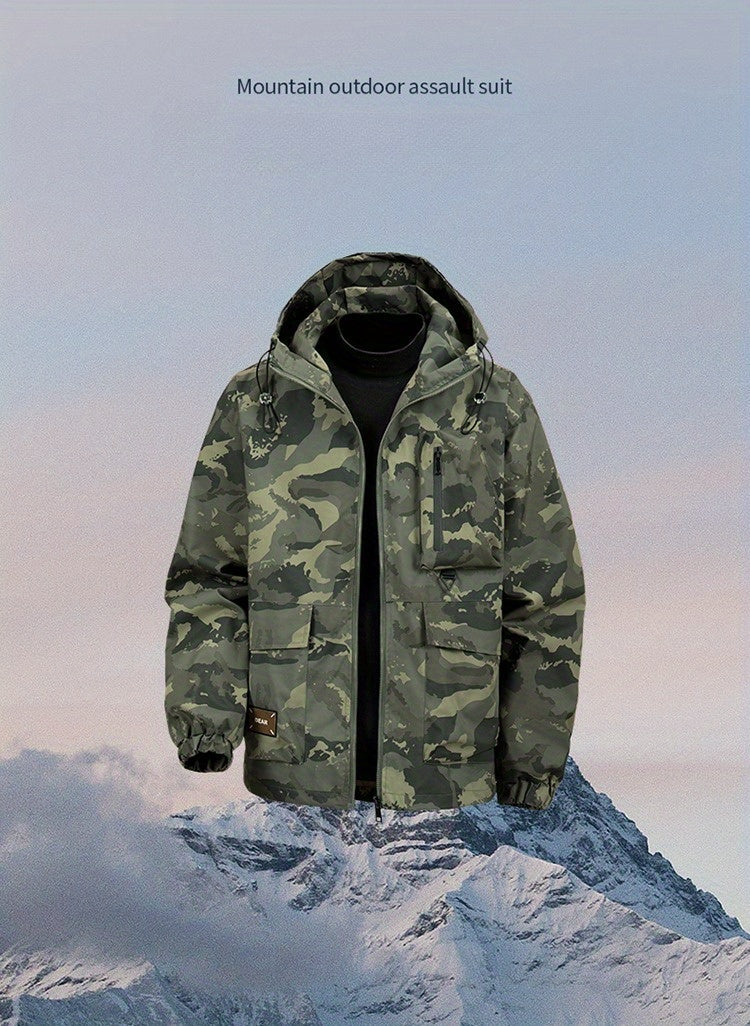Men's Camouflage Hooded Jacket with Full-Zip Closure & Camo-Lining - Green/Brown/Tan Outdoor Coat, Machine-Washable Polyester for Hiking, Hunting, Army-Style Windbreaker, Hoodies For Men, Camouflage For Men, Camouflage Clothi