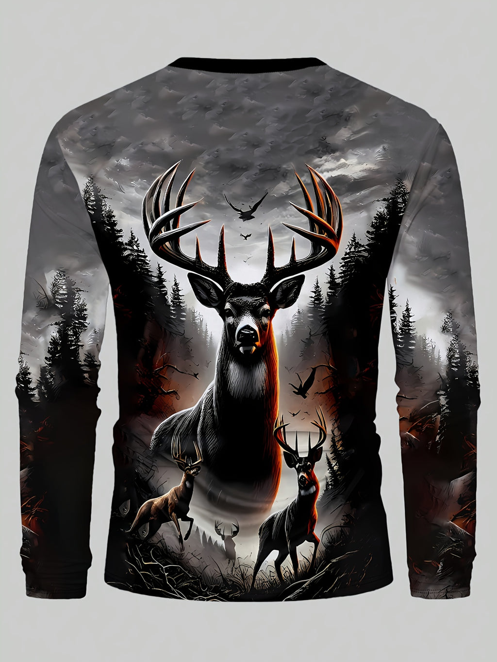 Men's Long Sleeve Shirt - Deer Hunting Graphic Print with Stag - Dark to Light Gray Ombre - Machine Washable Casual Top for Everyday & Formal Outfits - All-Season Mens Clothing, Outdoor Apparel, Bold Artwork, Quality Stitchin
