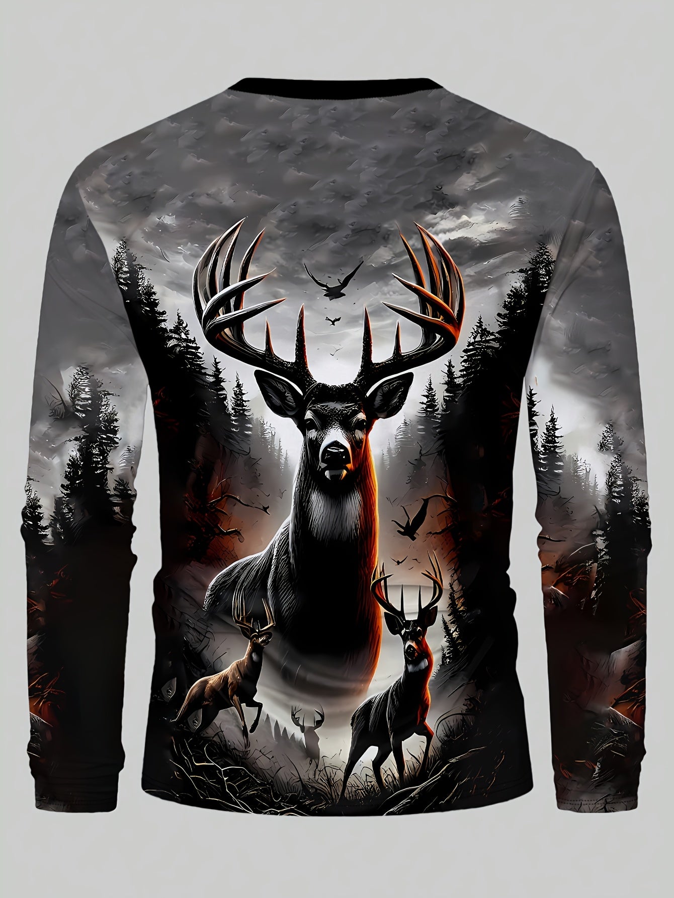 Men's Long Sleeve Shirt - Deer Hunting Graphic Print with Stag - Dark to Light Gray Ombre - Machine Washable Casual Top for Everyday & Formal Outfits - All-Season Mens Clothing, Outdoor Apparel, Bold Artwork, Quality Stitchin