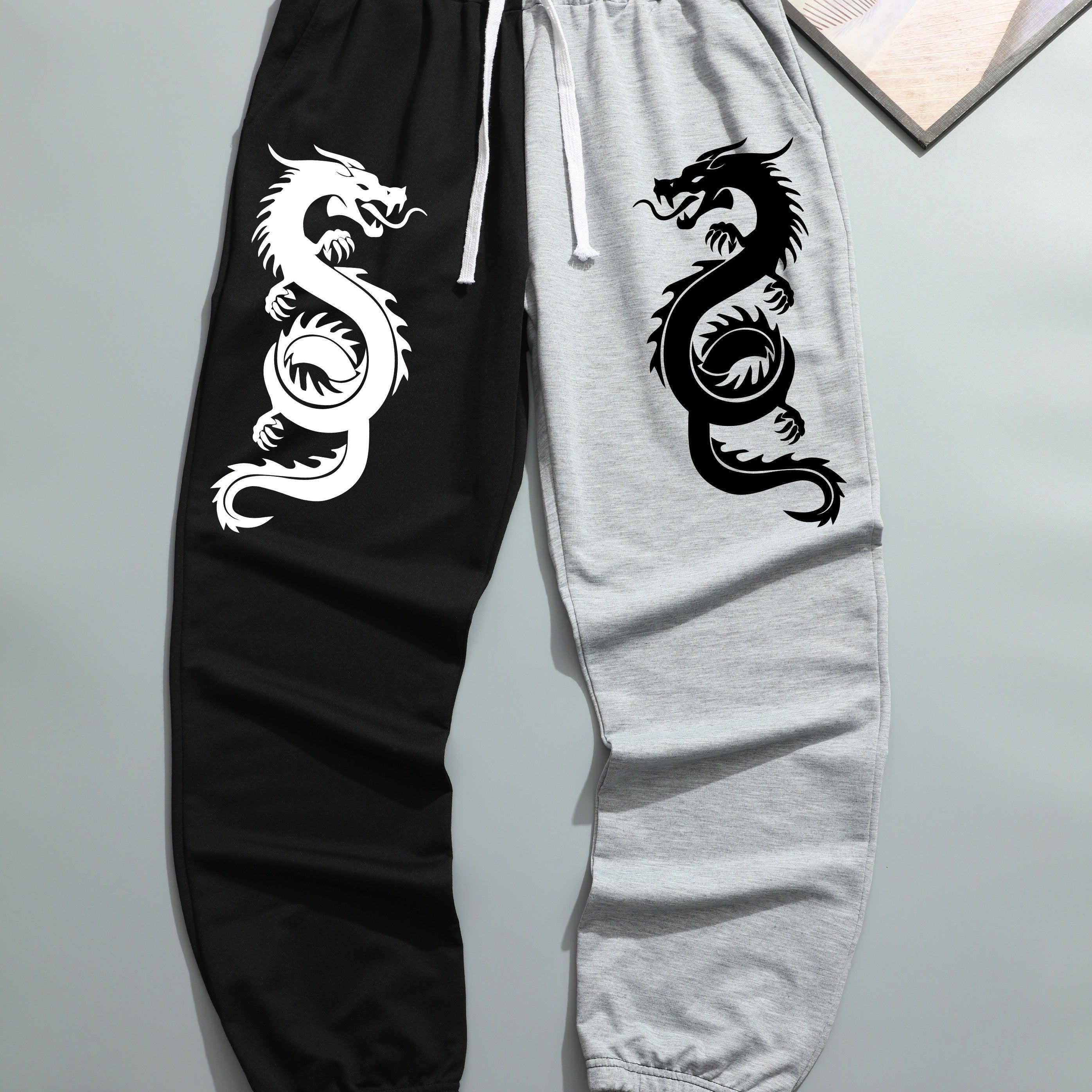 Two Color Splicing, Men's Drawstring Sweatpants, Dragons Print Pocket Breathable Casual Jogger Pants, Mens Clothing