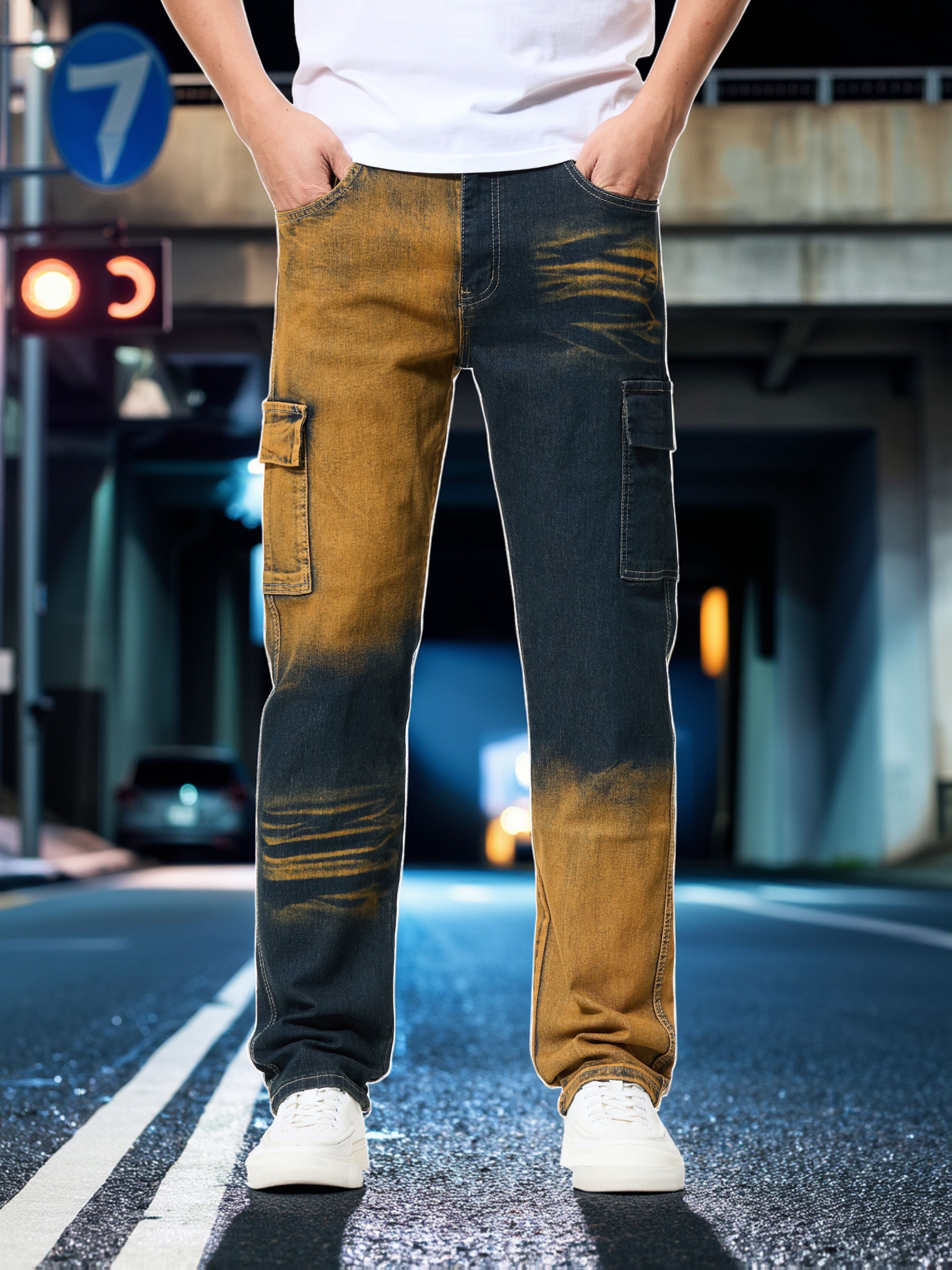 Men's Straight Cut Ripped Faux Denim - Fashionable Camouflage Street Fashion Designer Graphic Faux Denim Para Hombre - Fashion Mens Clothing
