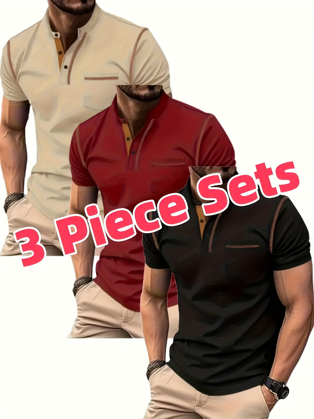 3pcs Men's Slim-Fit Golf & Tennis Shirts - Breathable Stretchy Short Sleeve, Contrast Collar & Collars, All-Season Non-Sheer Sportswear (Olive/Oatmeal/Navy) - Multi-Color Pack for Golf, Tennis & Casual, Mens Shirts, Mens Clot