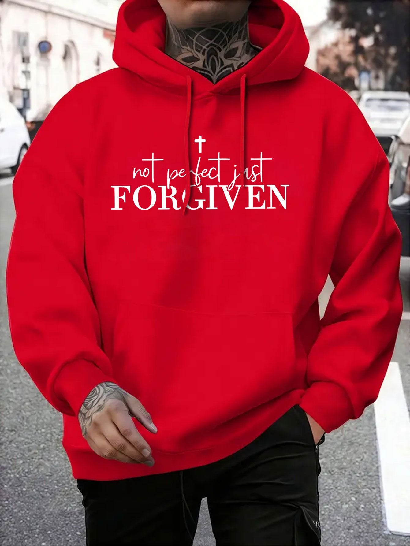 Men's Grey Christian Faith Hooded Sweatshirt with "Not Perfect FORGIVEN" Cross Print - Casual Sporty Pullover, Front Pocket & Adjustable Hood, Spring/Fall Winter Warm Sweater (Machine Washable) Religious Apparel, Hoodies For