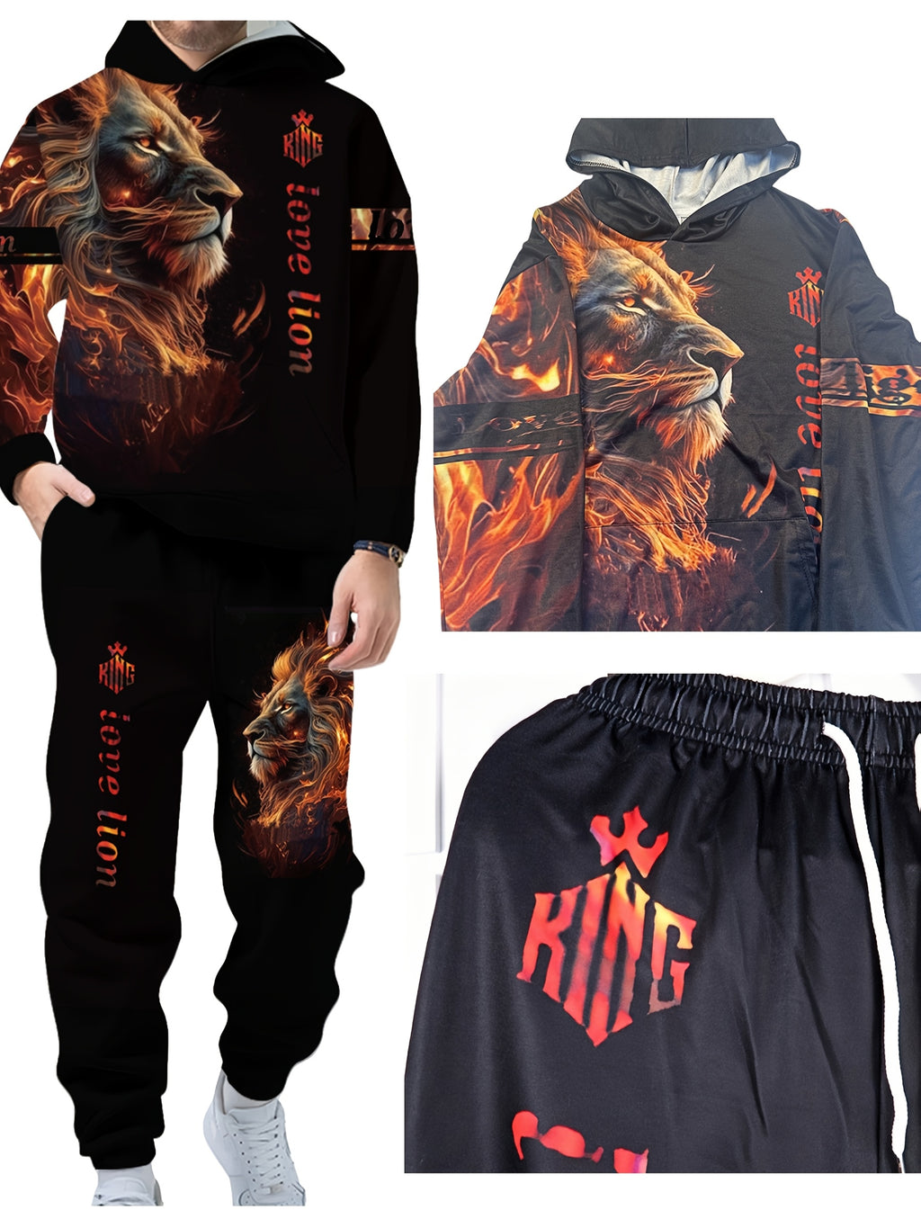 Spring And Autumn Men'S Tracksuit 3D Ferocious Lion Print Hoodies Sweatshirts Pants Sets Casual Mens Clothing Essentials Hoody