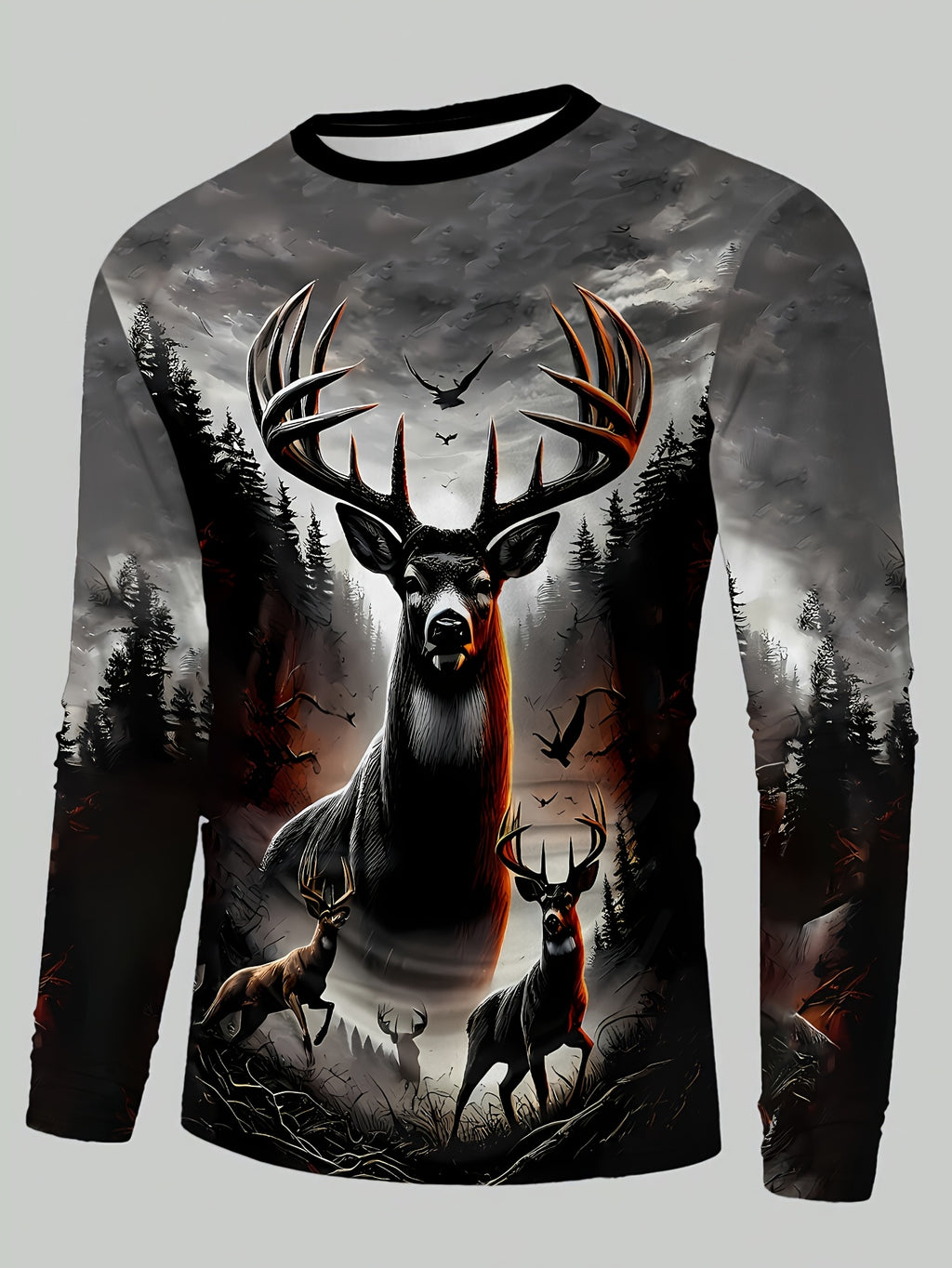 Men's Long Sleeve Shirt - Deer Hunting Graphic Print with Stag - Dark to Light Gray Ombre - Machine Washable Casual Top for Everyday & Formal Outfits - All-Season Mens Clothing, Outdoor Apparel, Bold Artwork, Quality Stitchin