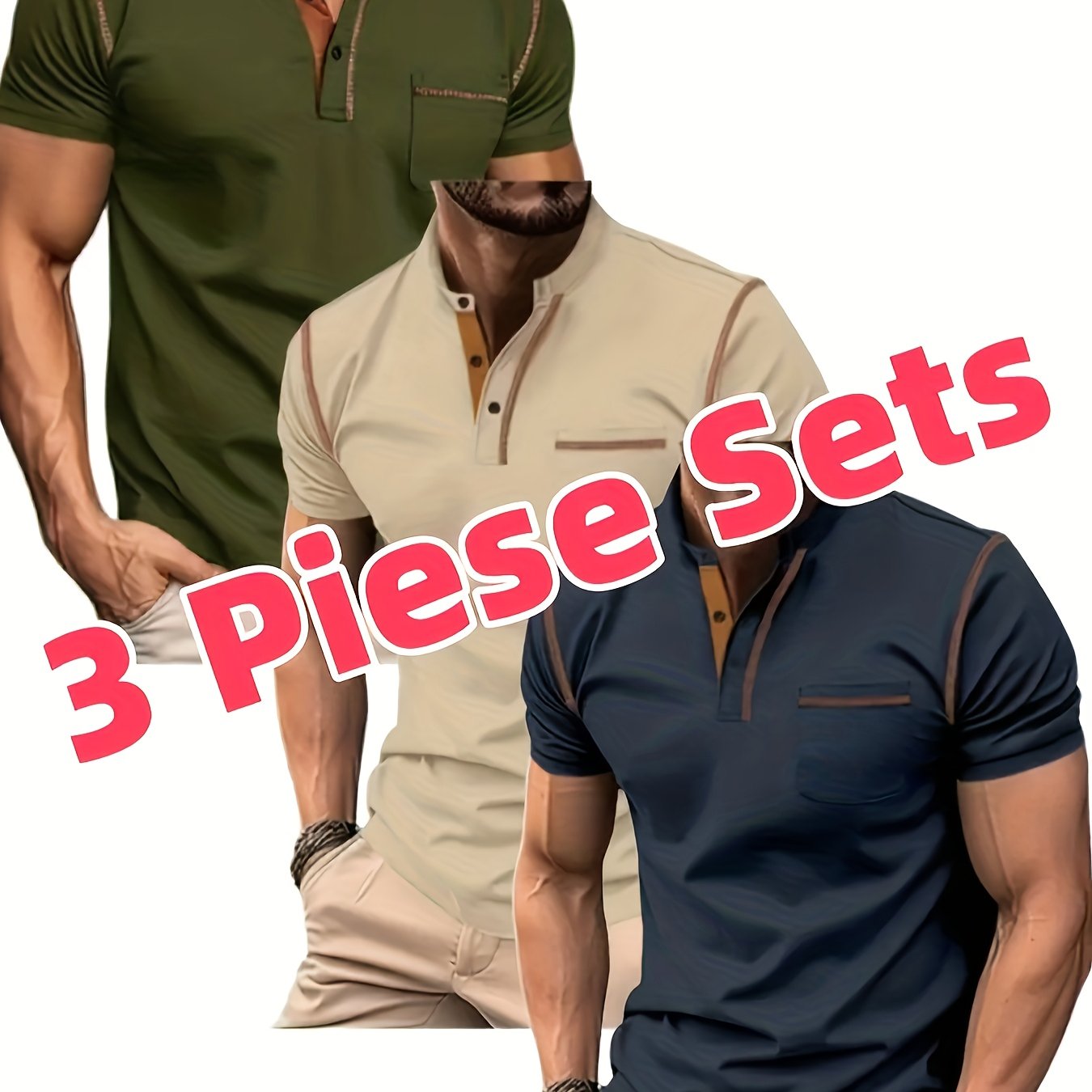 3pcs Men's Slim-Fit Golf & Tennis Shirts - Breathable Stretchy Short Sleeve, Contrast Collar & Collars, All-Season Non-Sheer Sportswear (Olive/Oatmeal/Navy) - Multi-Color Pack for Golf, Tennis & Casual, Mens Shirts, Mens Clot