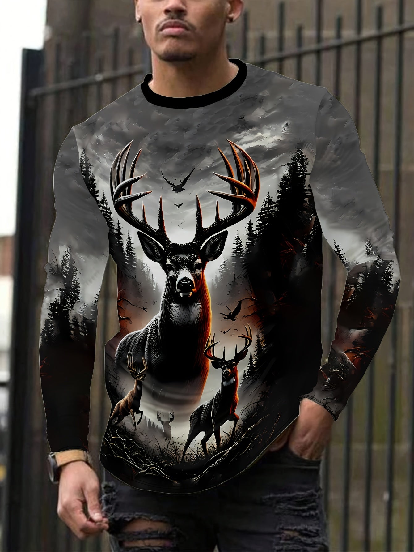 Men's Long Sleeve Shirt - Deer Hunting Graphic Print with Stag - Dark to Light Gray Ombre - Machine Washable Casual Top for Everyday & Formal Outfits - All-Season Mens Clothing, Outdoor Apparel, Bold Artwork, Quality Stitchin