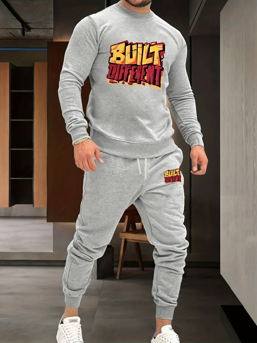 2Pcs Letter Print Outfit - Relaxed-Fit Casual Crew Neck Long Sleeve Pullover Sweatshirt and Sweatpants Set for Spring and Fall - High-Quality Mens Clothing for Everyday Wear