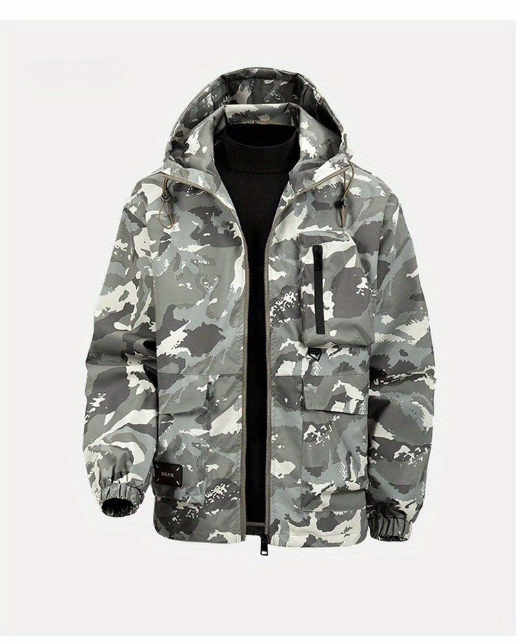 Men's Camouflage Hooded Jacket with Full-Zip Closure & Camo-Lining - Green/Brown/Tan Outdoor Coat, Machine-Washable Polyester for Hiking, Hunting, Army-Style Windbreaker, Hoodies For Men, Camouflage For Men, Camouflage Clothi