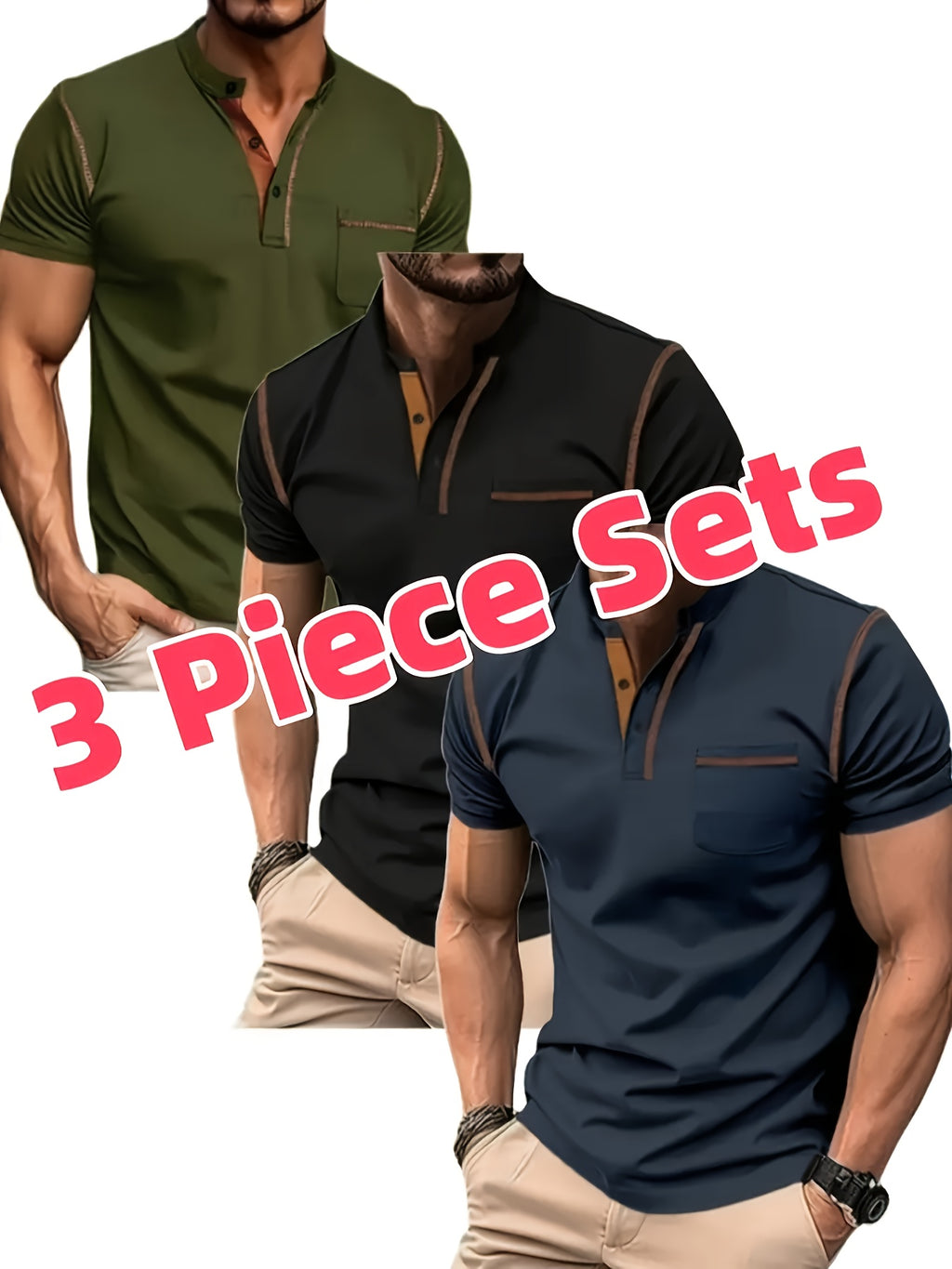 3pcs Men's Slim-Fit Golf & Tennis Shirts - Breathable Stretchy Short Sleeve, Contrast Collar & Collars, All-Season Non-Sheer Sportswear (Olive/Oatmeal/Navy) - Multi-Color Pack for Golf, Tennis & Casual, Mens Shirts, Mens Clot