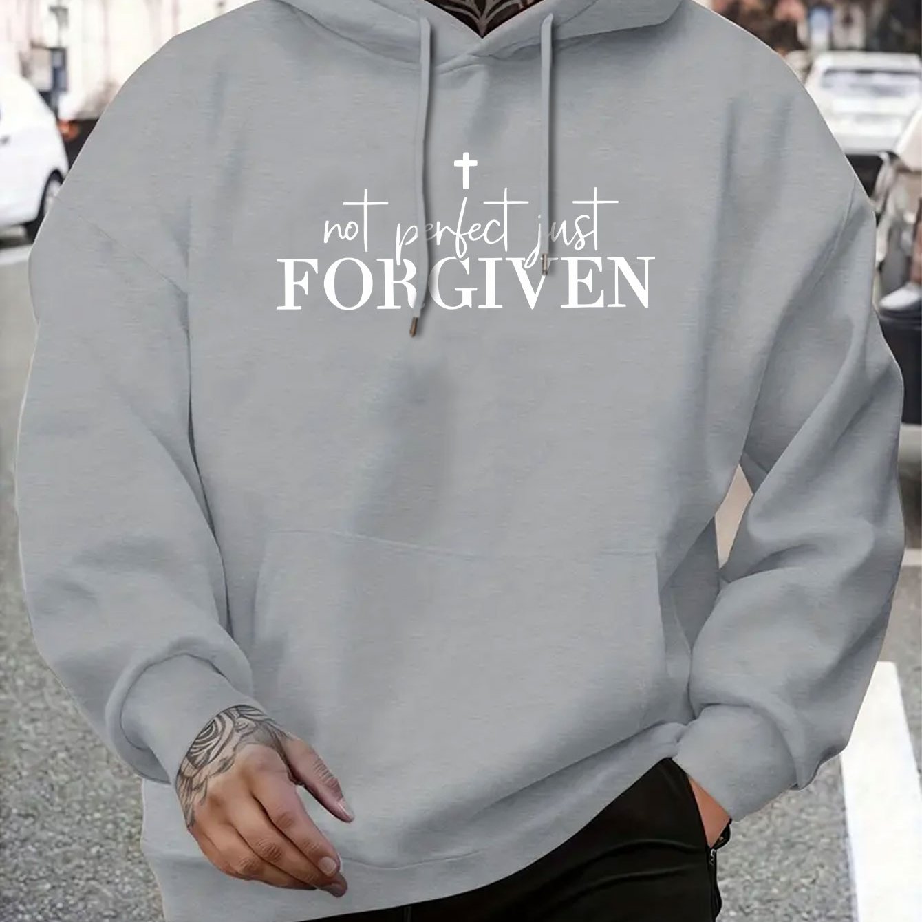 Men's Grey Christian Faith Hooded Sweatshirt with "Not Perfect FORGIVEN" Cross Print - Casual Sporty Pullover, Front Pocket & Adjustable Hood, Spring/Fall Winter Warm Sweater (Machine Washable) Religious Apparel, Hoodies For