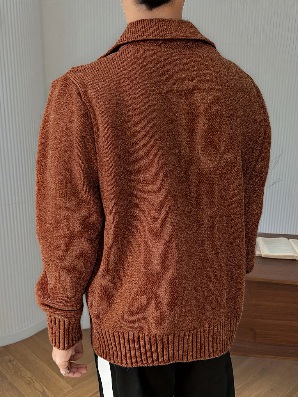Boys' Thickened Winter Sweater - Warm Knit Pullover with Collar & Button Front, Brown/Beige Striped Base Layer Sweater for School, Sports, Travel - Machine Washable Teen Boys' Cozy Sweatsuit (Regular Fit) - Christmas Gift, Wi
