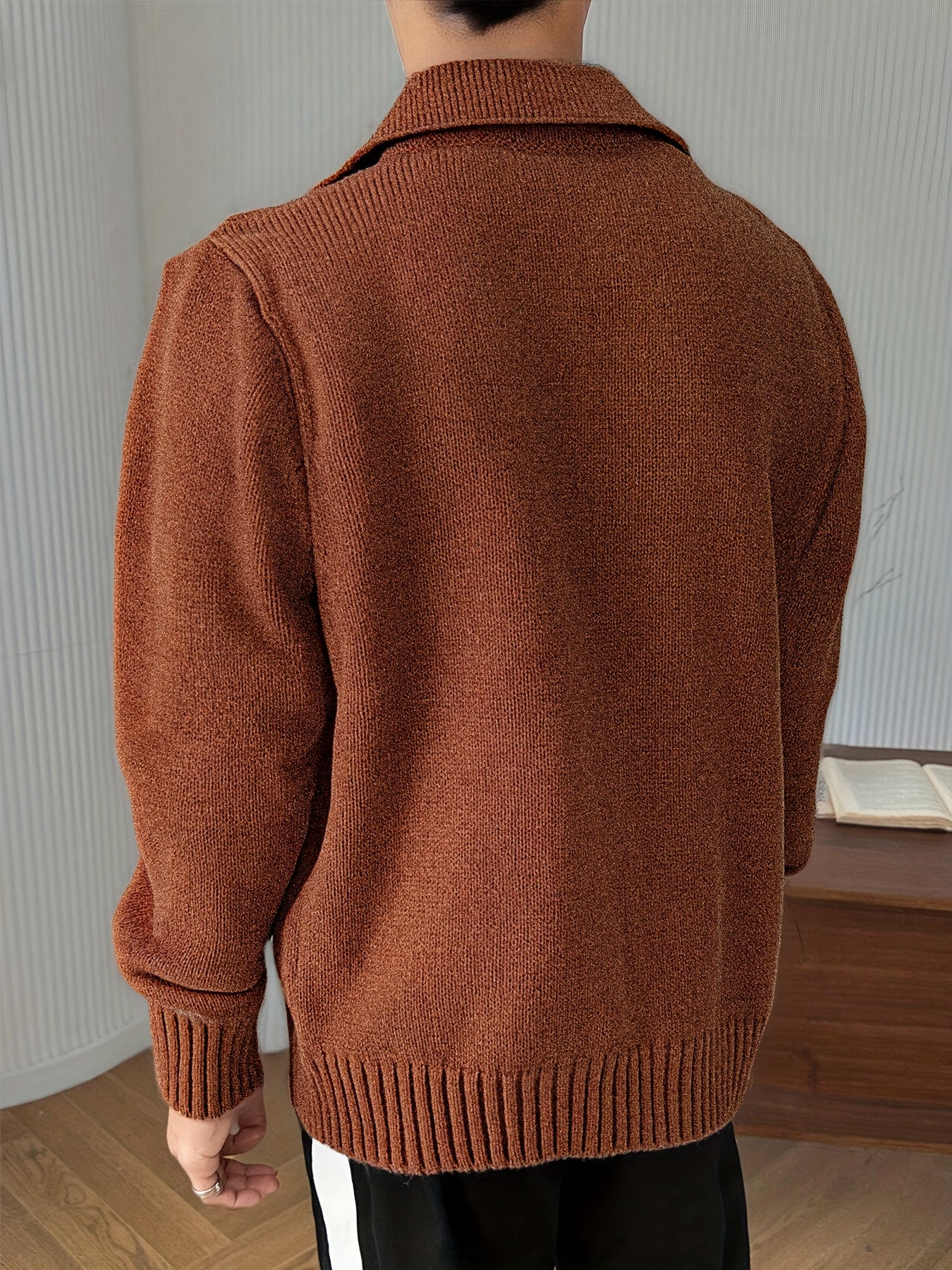 Boys' Thickened Winter Sweater - Warm Knit Pullover with Collar & Button Front, Brown/Beige Striped Base Layer Sweater for School, Sports, Travel - Machine Washable Teen Boys' Cozy Sweatsuit (Regular Fit) - Christmas Gift, Wi