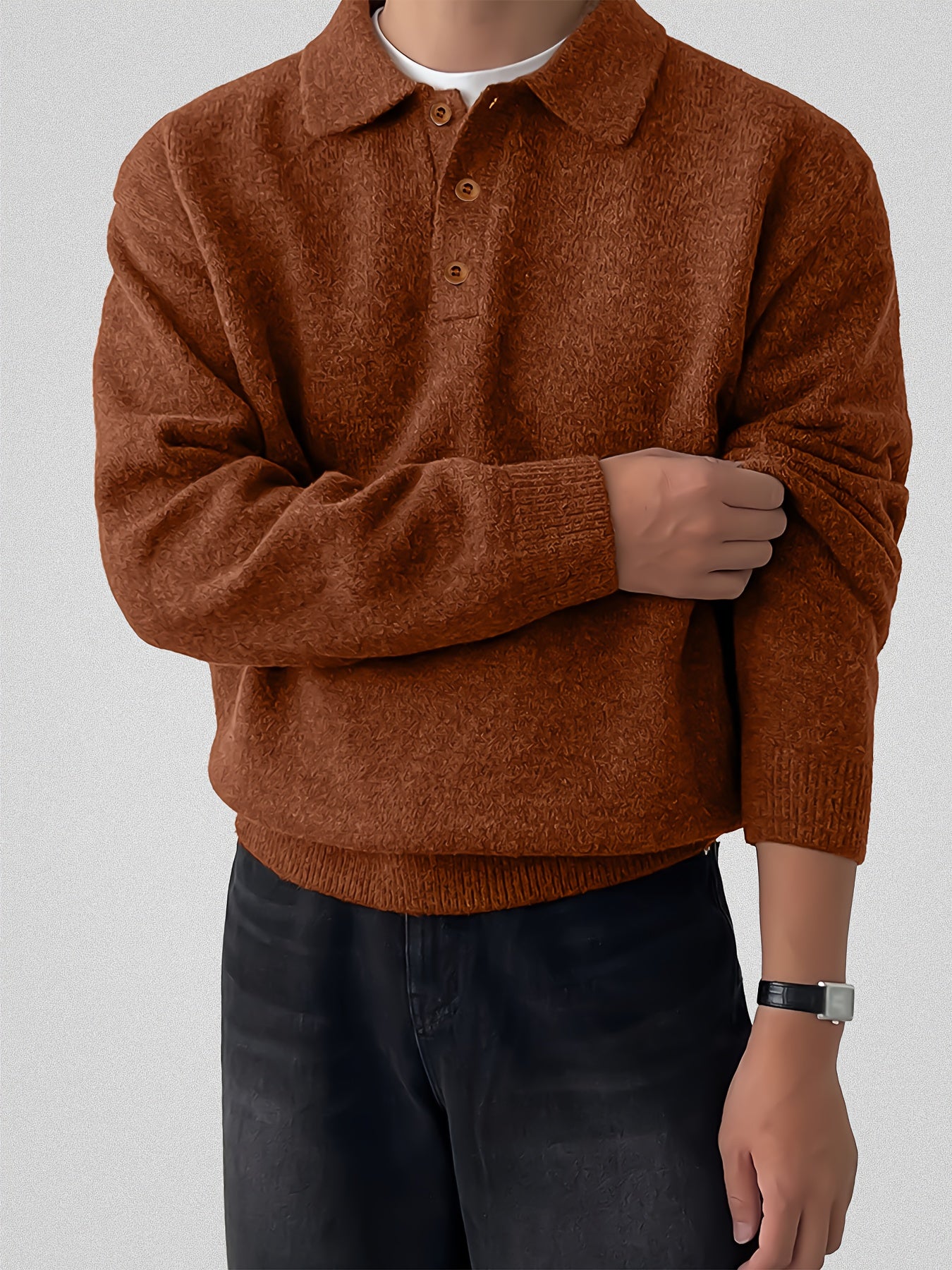Boys' Thickened Winter Sweater - Warm Knit Pullover with Collar & Button Front, Brown/Beige Striped Base Layer Sweater for School, Sports, Travel - Machine Washable Teen Boys' Cozy Sweatsuit (Regular Fit) - Christmas Gift, Wi
