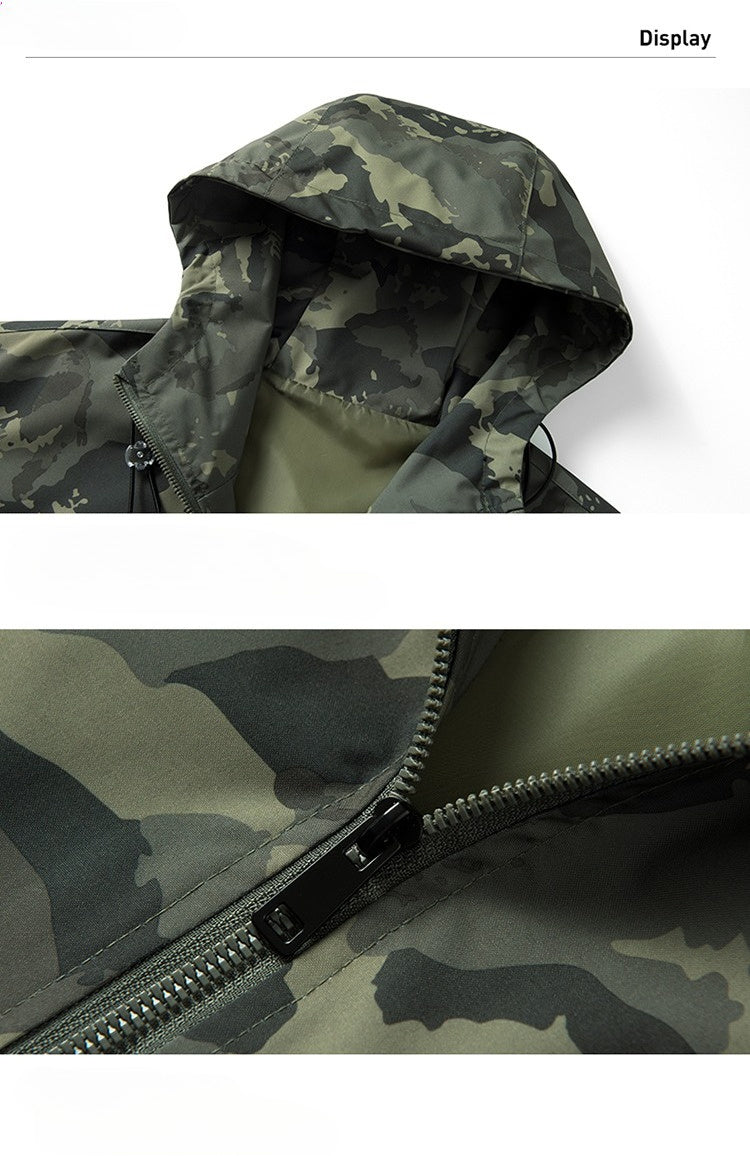 Men's Camouflage Hooded Jacket with Full-Zip Closure & Camo-Lining - Green/Brown/Tan Outdoor Coat, Machine-Washable Polyester for Hiking, Hunting, Army-Style Windbreaker, Hoodies For Men, Camouflage For Men, Camouflage Clothi