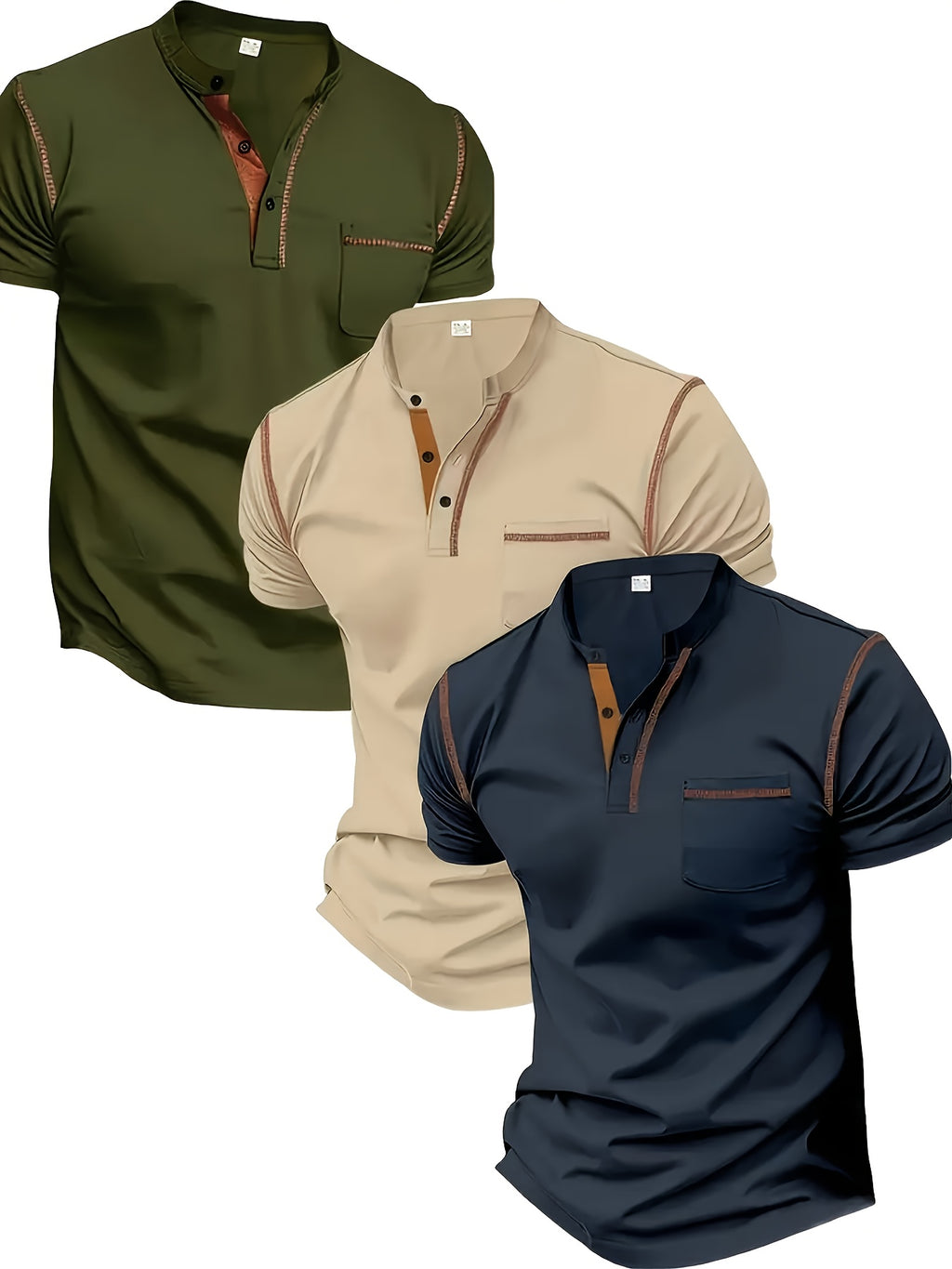 3pcs Men's Slim-Fit Golf & Tennis Shirts - Breathable Stretchy Short Sleeve, Contrast Collar & Collars, All-Season Non-Sheer Sportswear (Olive/Oatmeal/Navy) - Multi-Color Pack for Golf, Tennis & Casual, Mens Shirts, Mens Clot