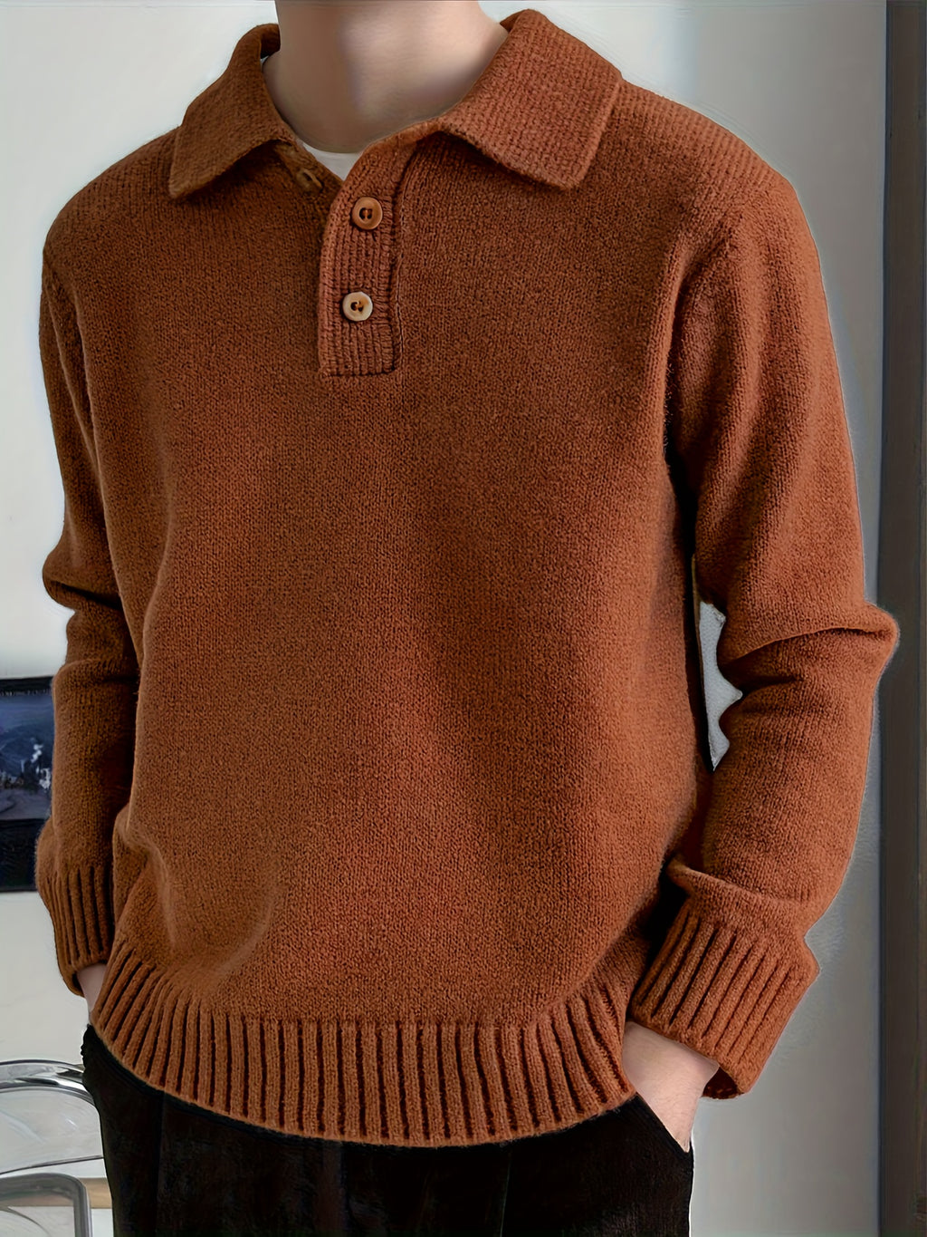 Boys' Thickened Winter Sweater - Warm Knit Pullover with Collar & Button Front, Brown/Beige Striped Base Layer Sweater for School, Sports, Travel - Machine Washable Teen Boys' Cozy Sweatsuit (Regular Fit) - Christmas Gift, Wi