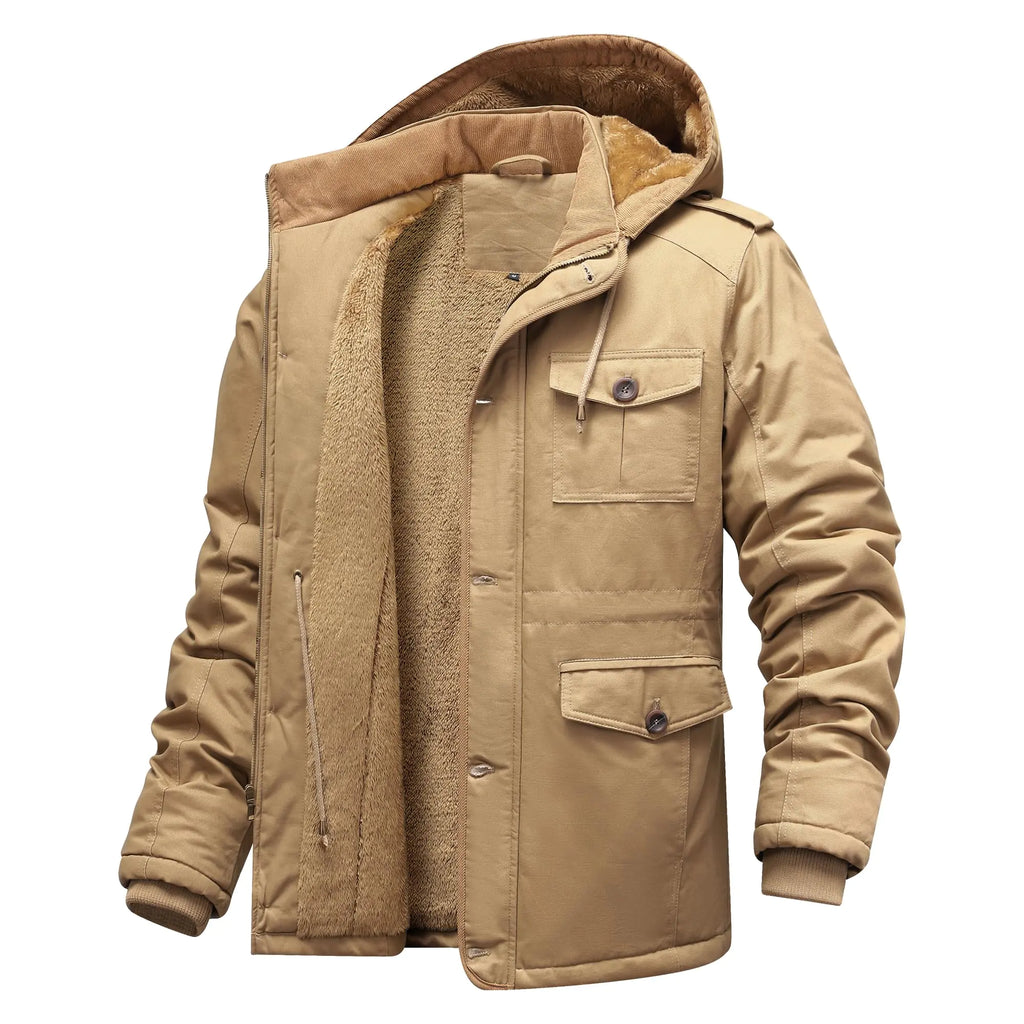CHEXPEL Men's Fleece-Lined Cotton Military Jacket with Detachable Hood - Khaki 2XL