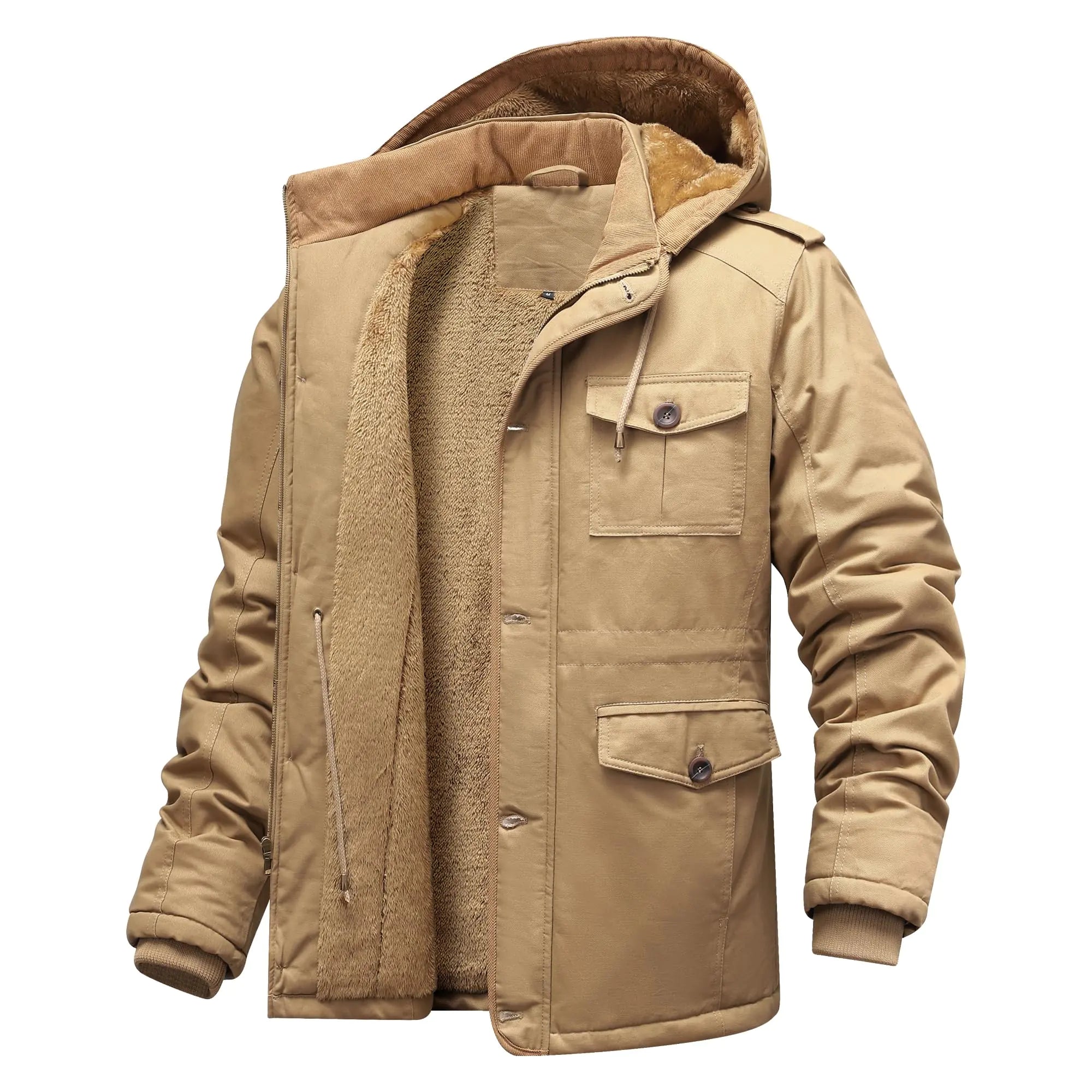 CHEXPEL Men's Fleece-Lined Cotton Military Jacket with Detachable Hood - Khaki 2XL